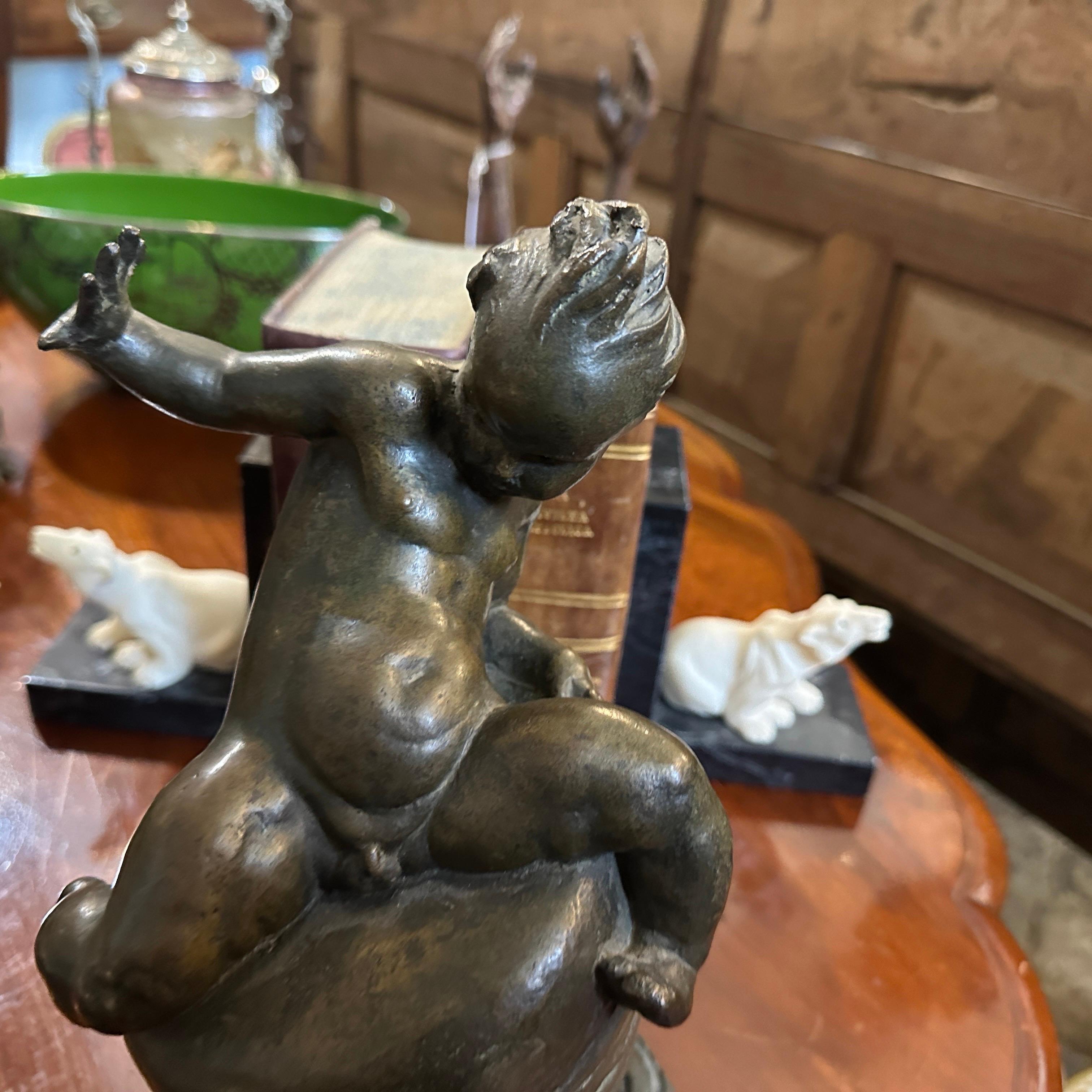 1922 Art Deco Bronze Italian Sculpture Child on a Spinning Top by T. Montini For Sale 6