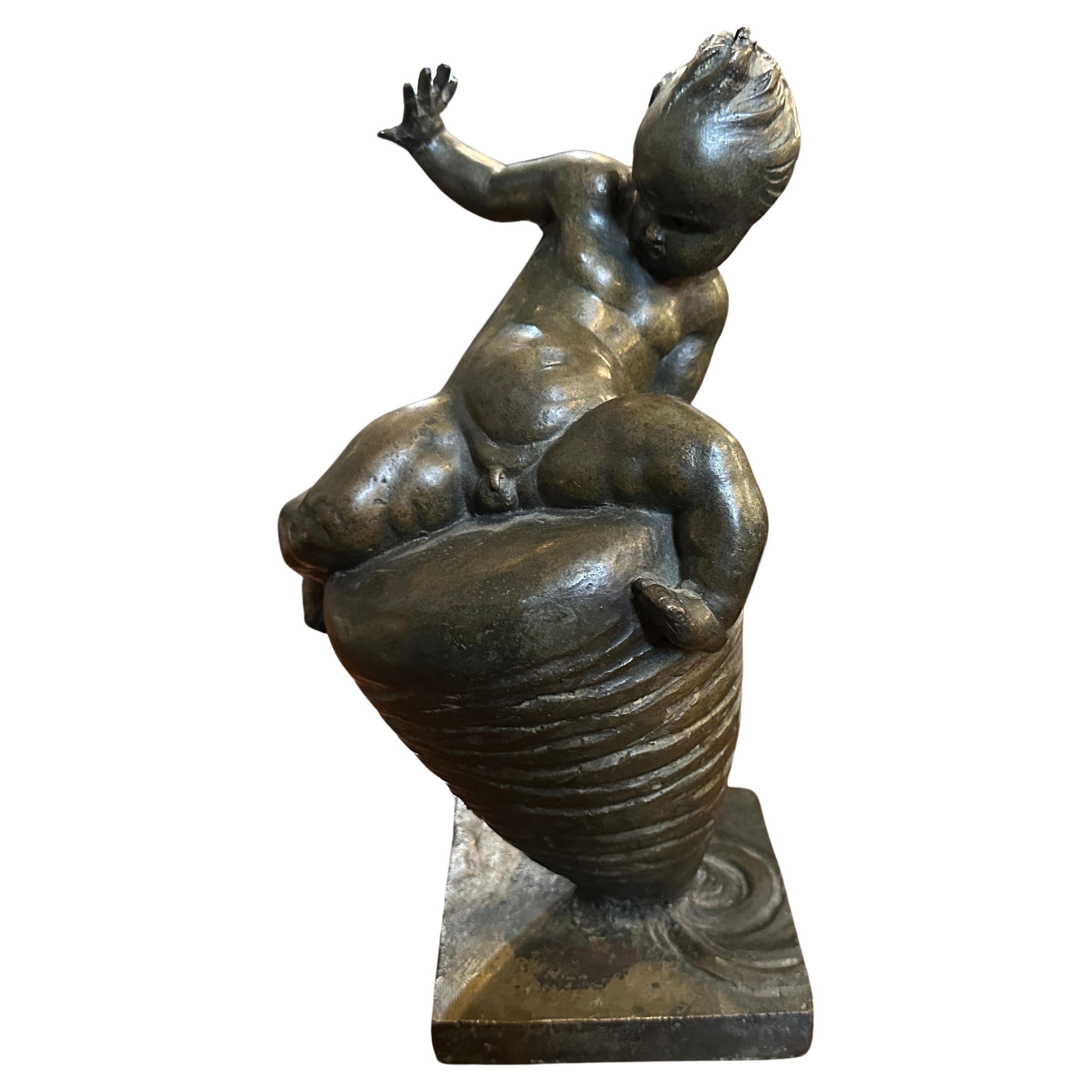 1922 Art Deco Bronze Italian Sculpture Child on a Spinning Top by T. Montini For Sale