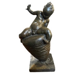 Antique 1922 Art Deco Bronze Italian Sculpture Child on a Spinning Top by T. Montini