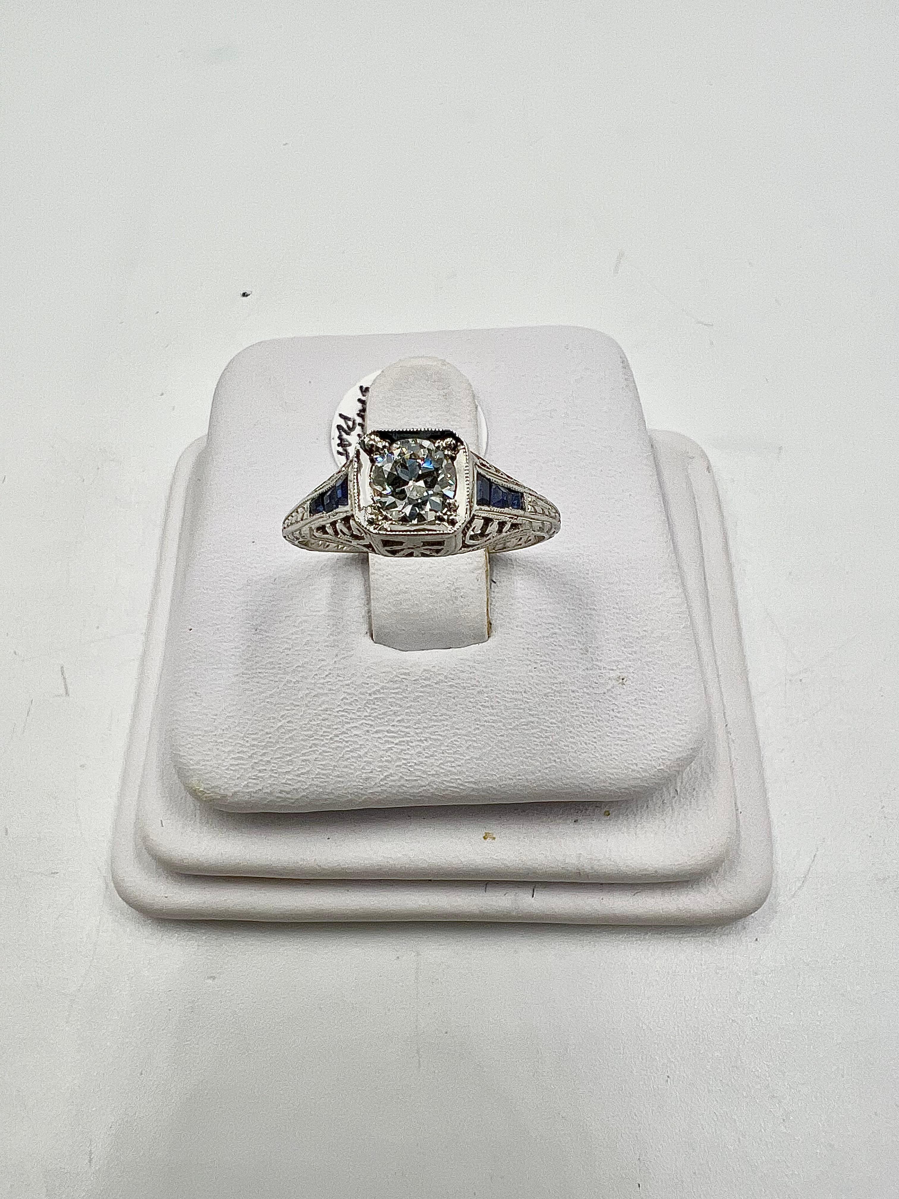 Old European Cut 1922 Art Deco Diamond Sapphire Platinum Engagement Ring