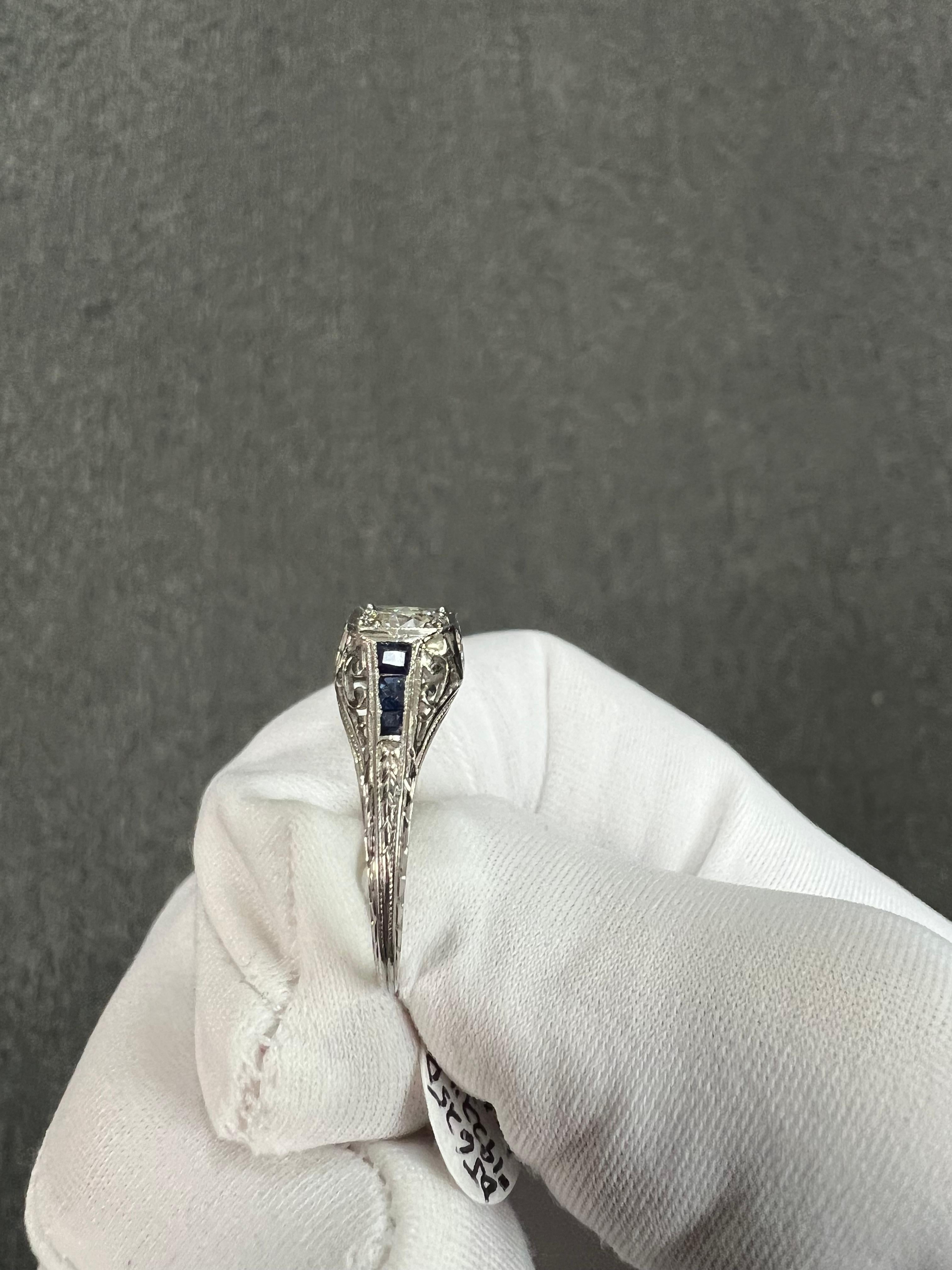 1922 Art Deco Diamond Sapphire Platinum Engagement Ring 2