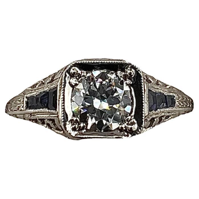 1922 Art Deco Diamond Sapphire Platinum Engagement Ring