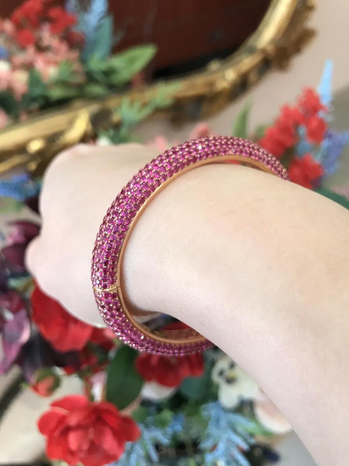 Round Cut 19.22 Carats Ruby Pave Bangle Bracelet in 18k Rose Gold For Sale