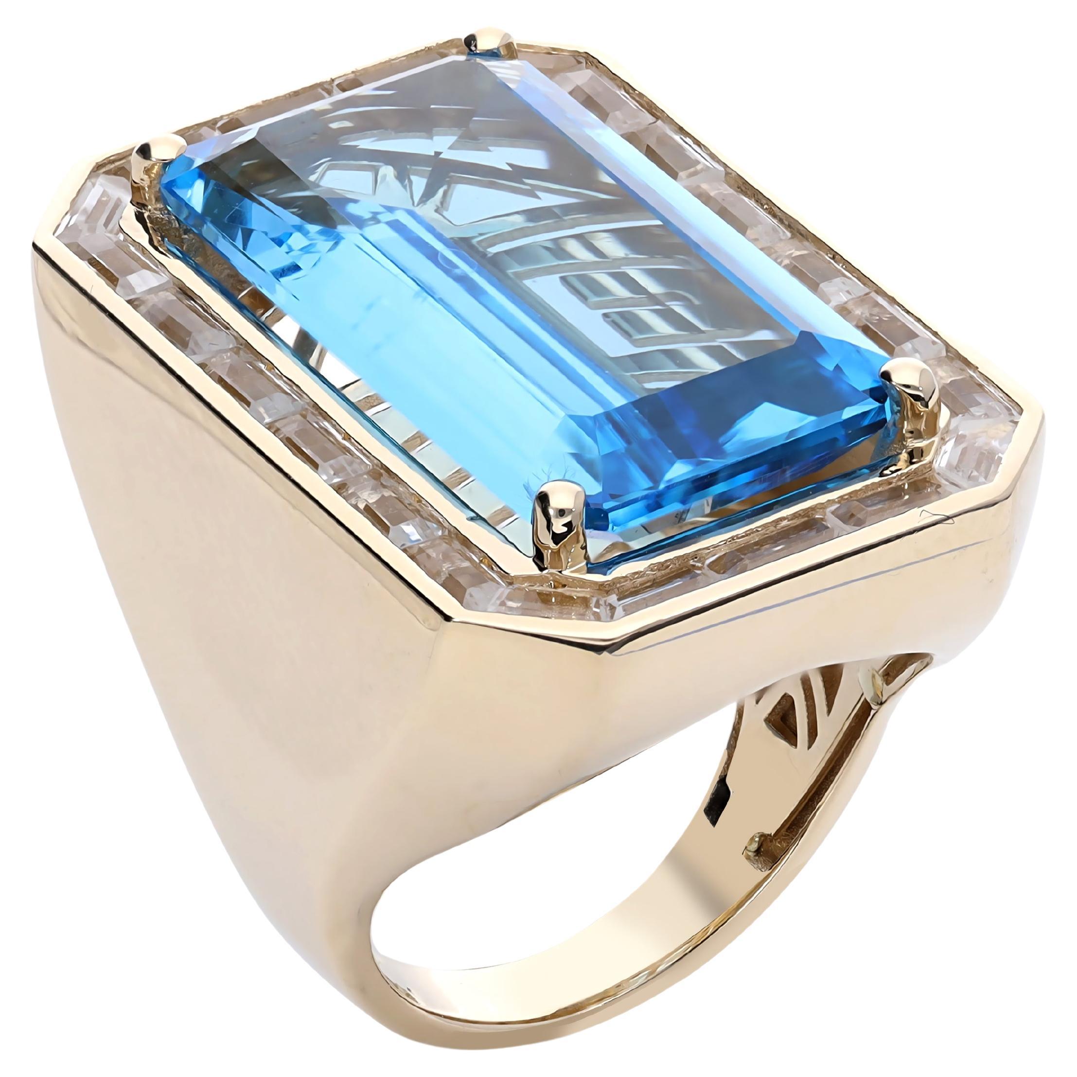 14k Gold Swiss Blue Topaz Ring with Baguette White Topaz For Sale