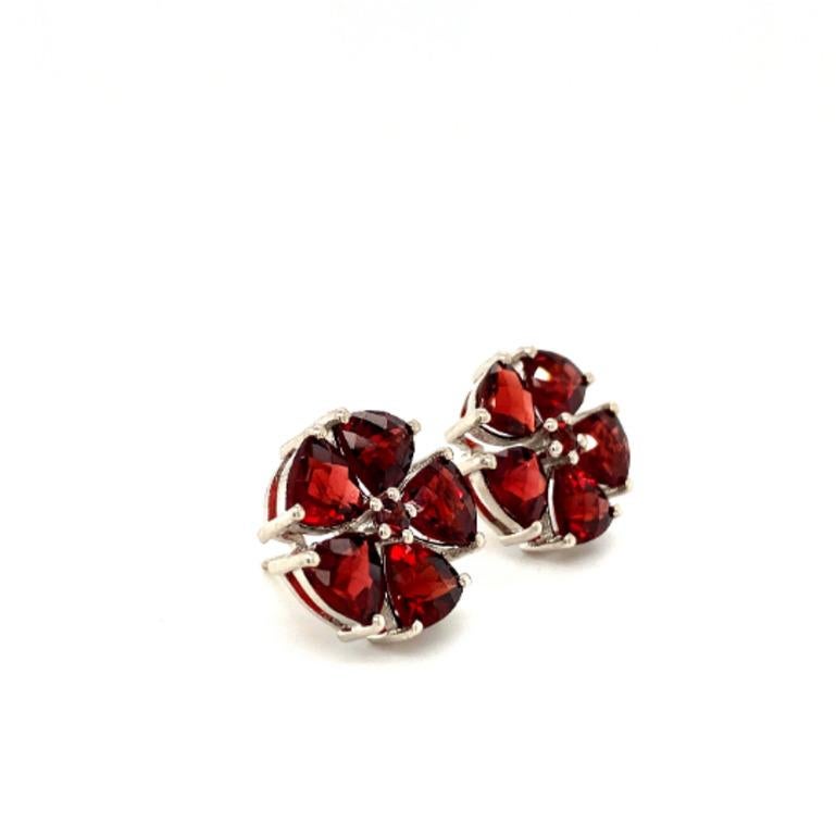 Contemporary 19.22 CTW Genuine Garnet Floral Stud Earrings in 925 Sterling Silver For Sale