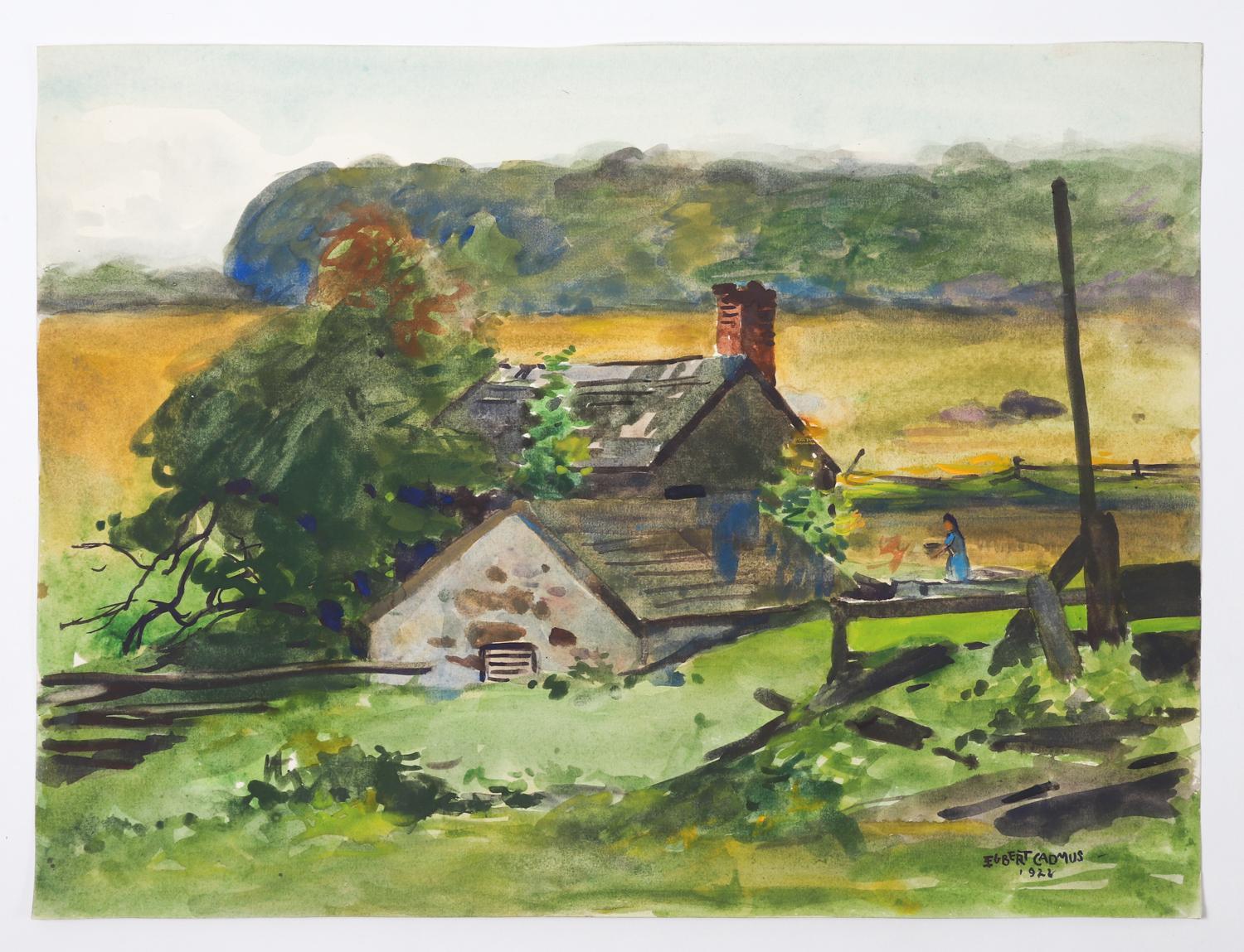 Watercolor on paper painting by Egbert Cadmus (American, 1868-1939) of New England farmhouse landscape. Signed and dated 1922 lower right corner. An accomplished watercolorist, best known as the father of artist Paul Cadmus. Became a member of the