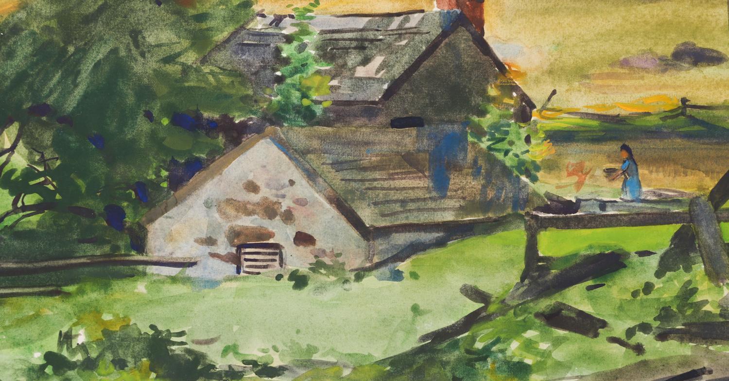 Début du 20ème siècle Peinture à l'aquarelle d'un paysage de ferme de la Nouvelle-Angleterre par Egbert Cadmus, 1922 en vente