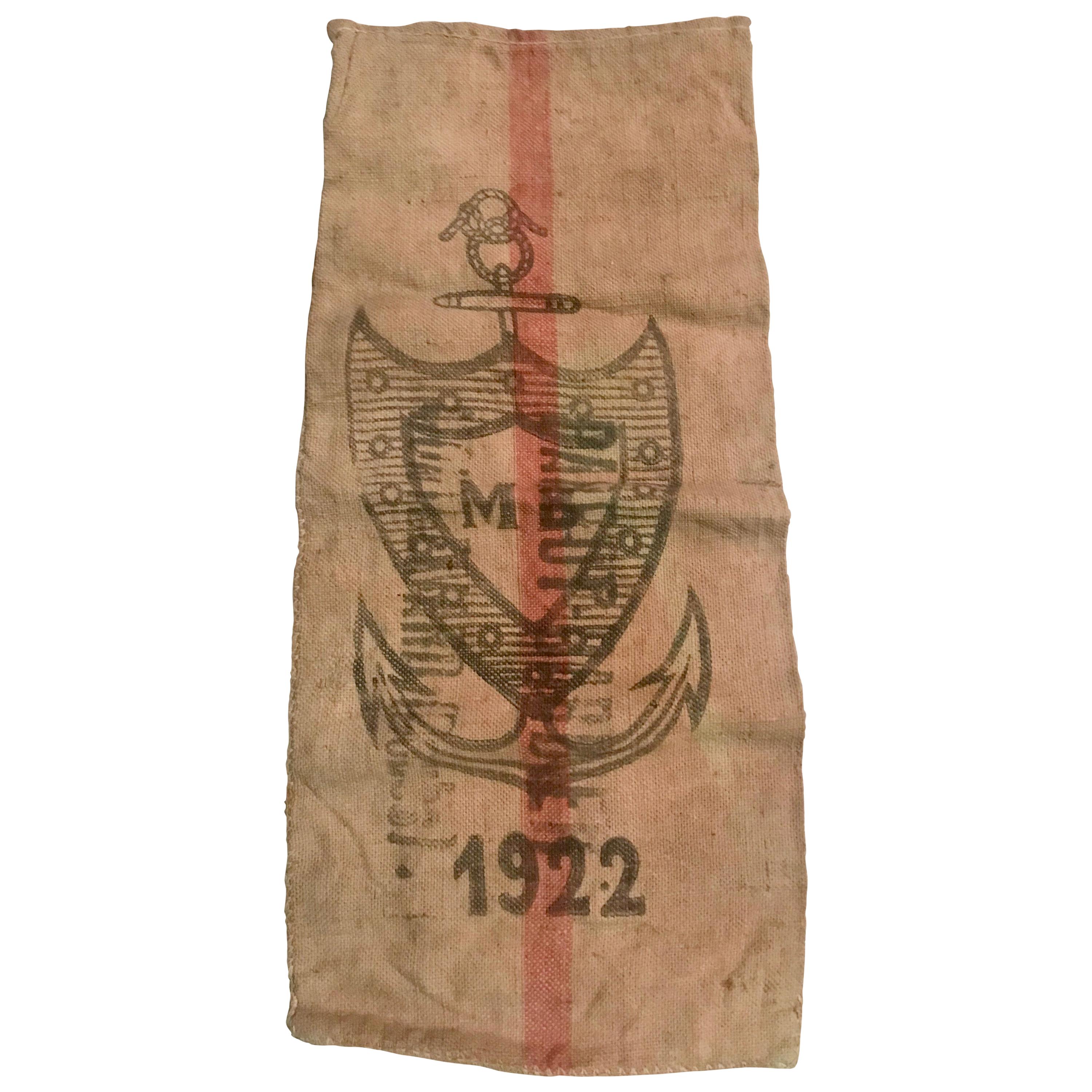 1922 French Nautical Jute Shipping Sack with Printed Shield and Anchor Logo For Sale