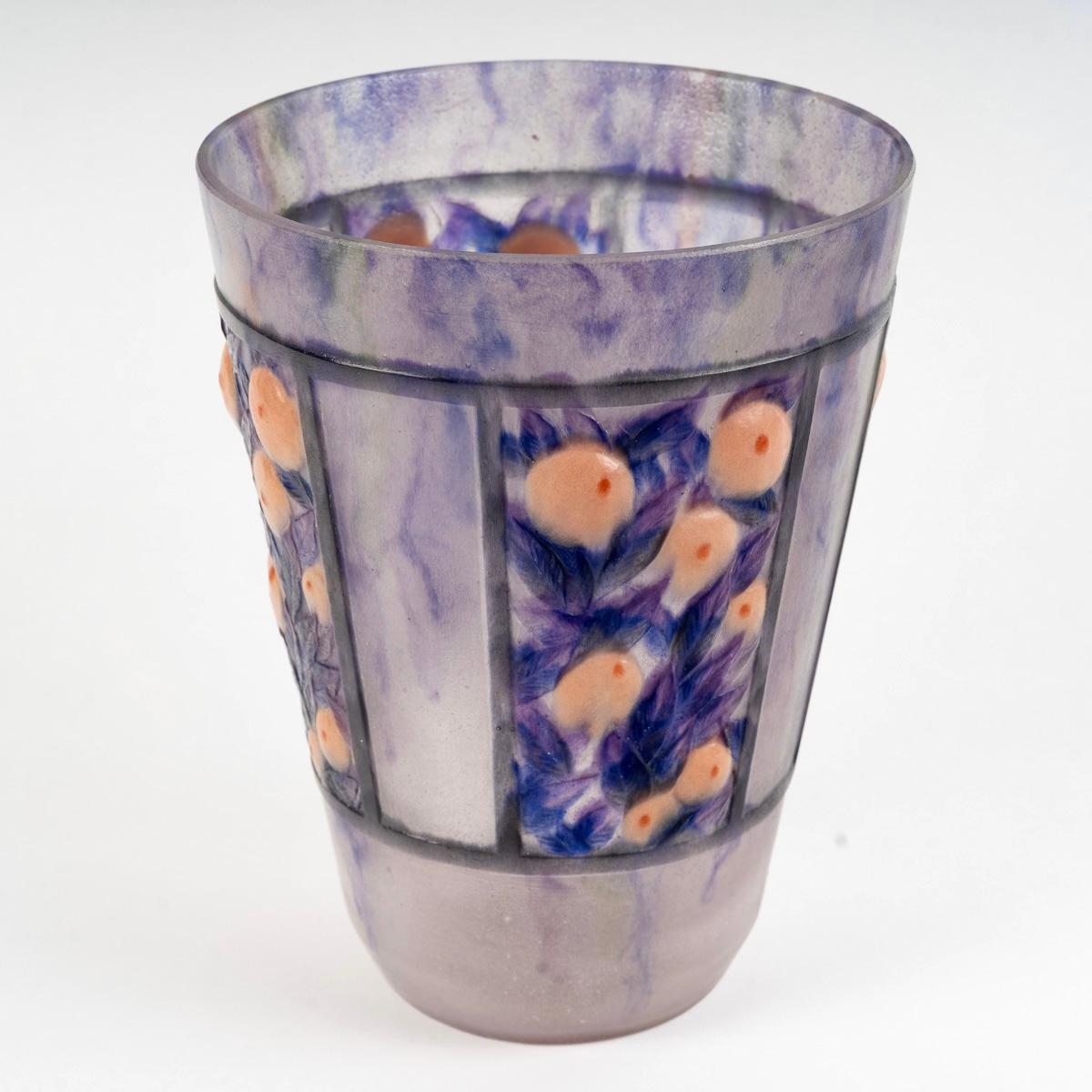 Art Deco 1922 Gabriel Argy Rousseau - Vase Fruits Feuillages Glass Pate De Verre For Sale