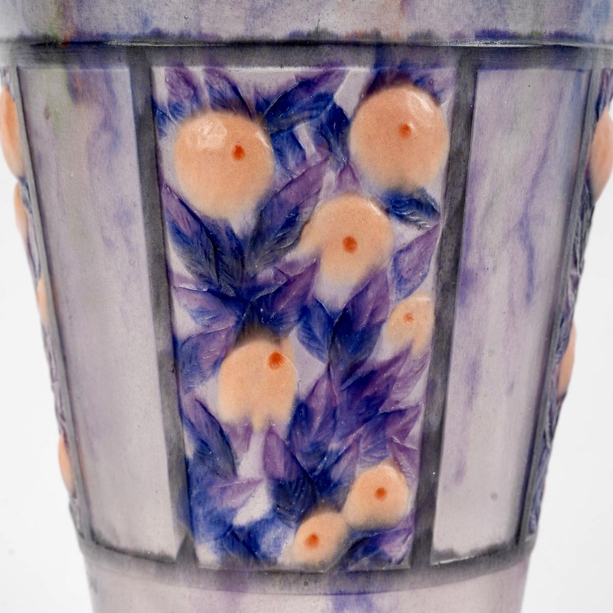 French 1922 Gabriel Argy Rousseau - Vase Fruits Feuillages Glass Pate De Verre For Sale