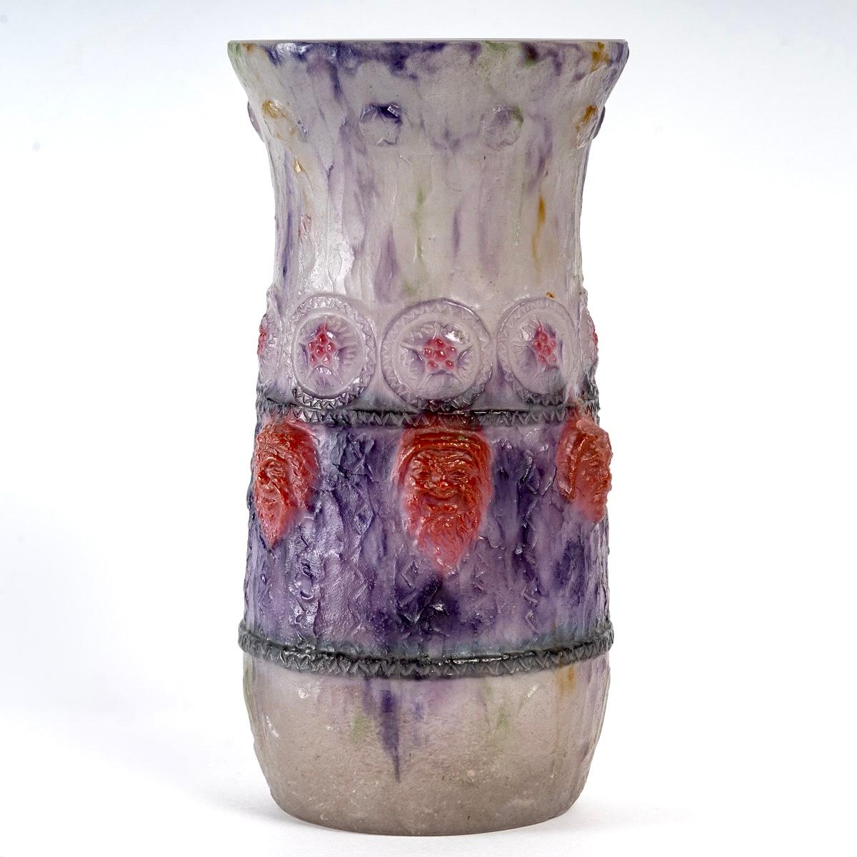 French 1922 Gabriel Argy-Rousseau, Vase Tragi Comique Pate De Verre Glass For Sale