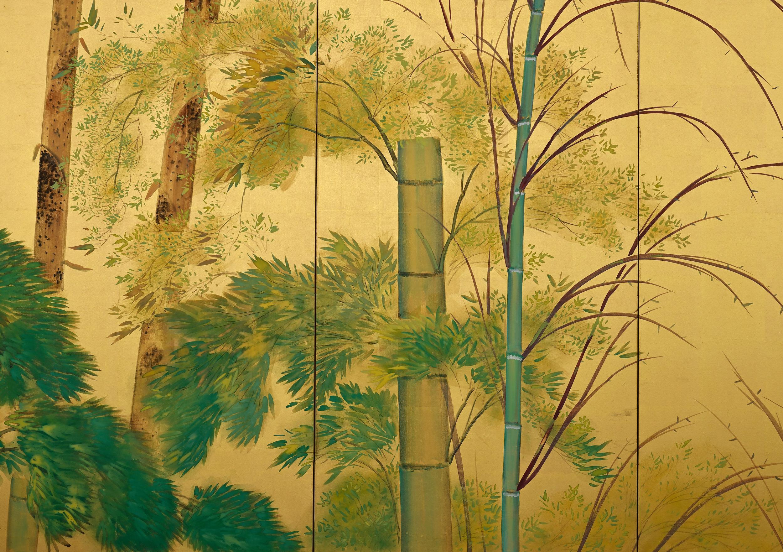 1922 Japanese Screen Pair, Birds in Bamboo Forest by Yamamoto Shuntei 3