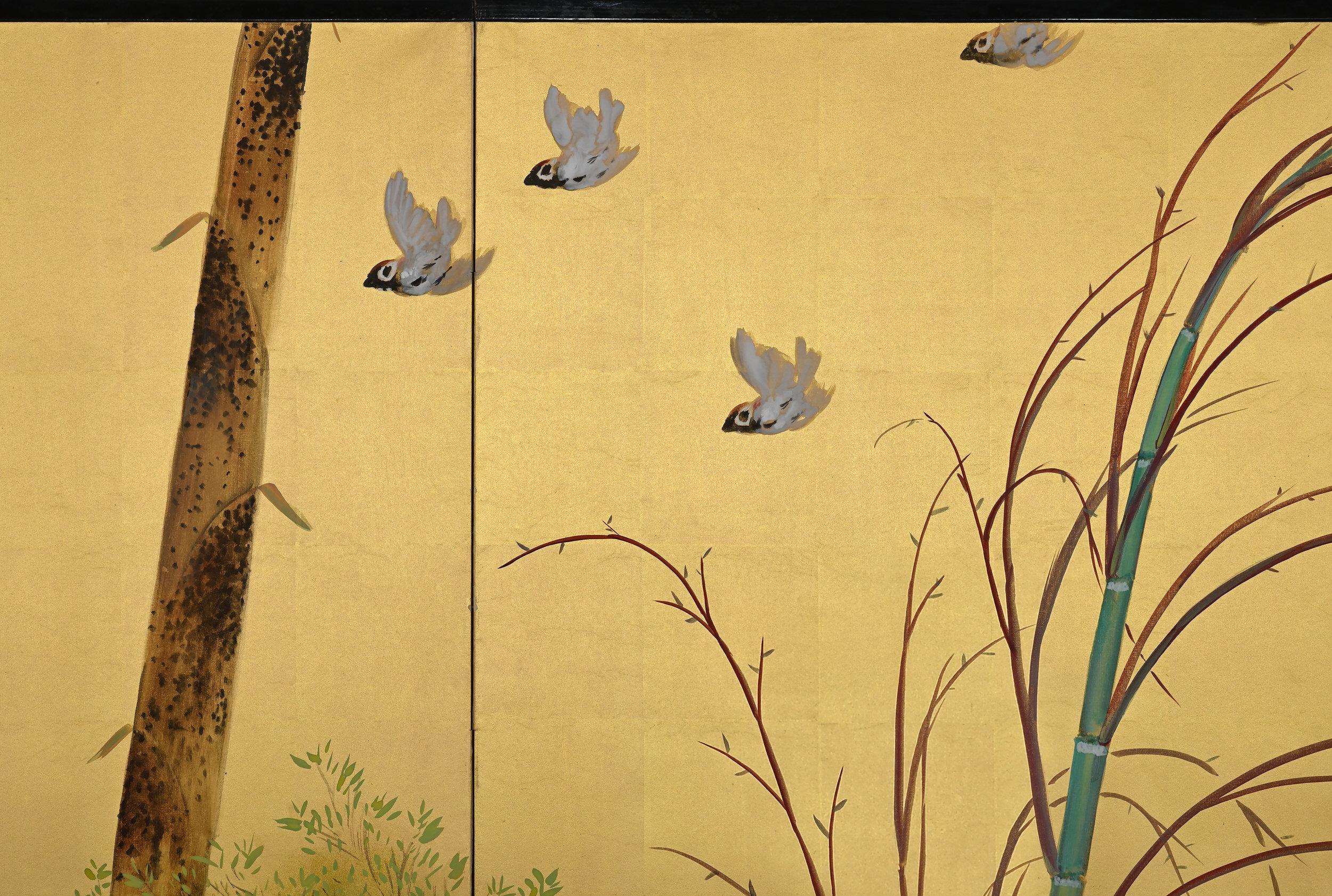 1922 Japanese Screen Pair, Birds in Bamboo Forest by Yamamoto Shuntei 4