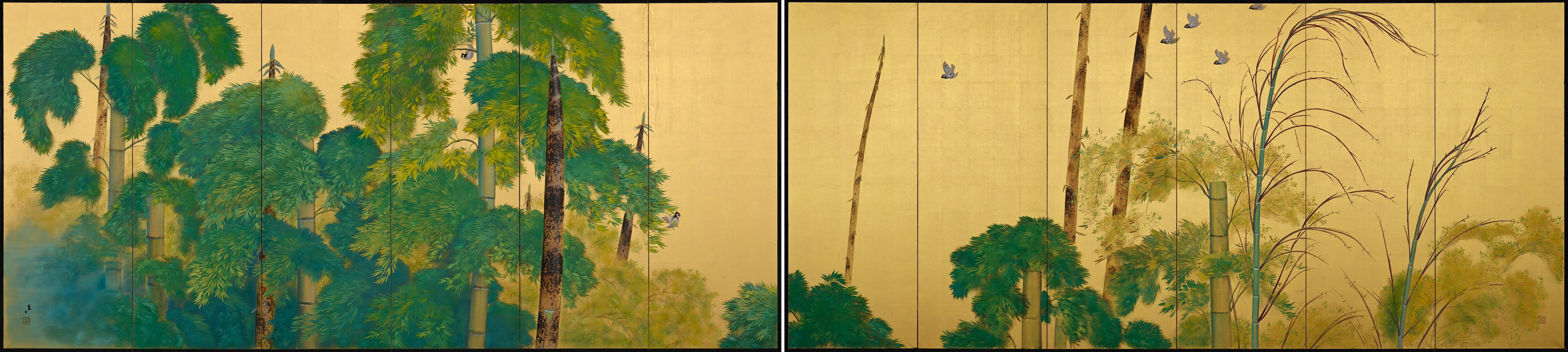 ‘Shison Hanei zu’

Yamamoto Shuntei (1887-1895)

Taisho period, 1922.

Pair of six-panel Japanese screens. Pigment, gofun and ink on gold leaf.

A pair of Japanese screens auspiciously titled ‘Shison Hanei zu’, or ‘Prosperity of