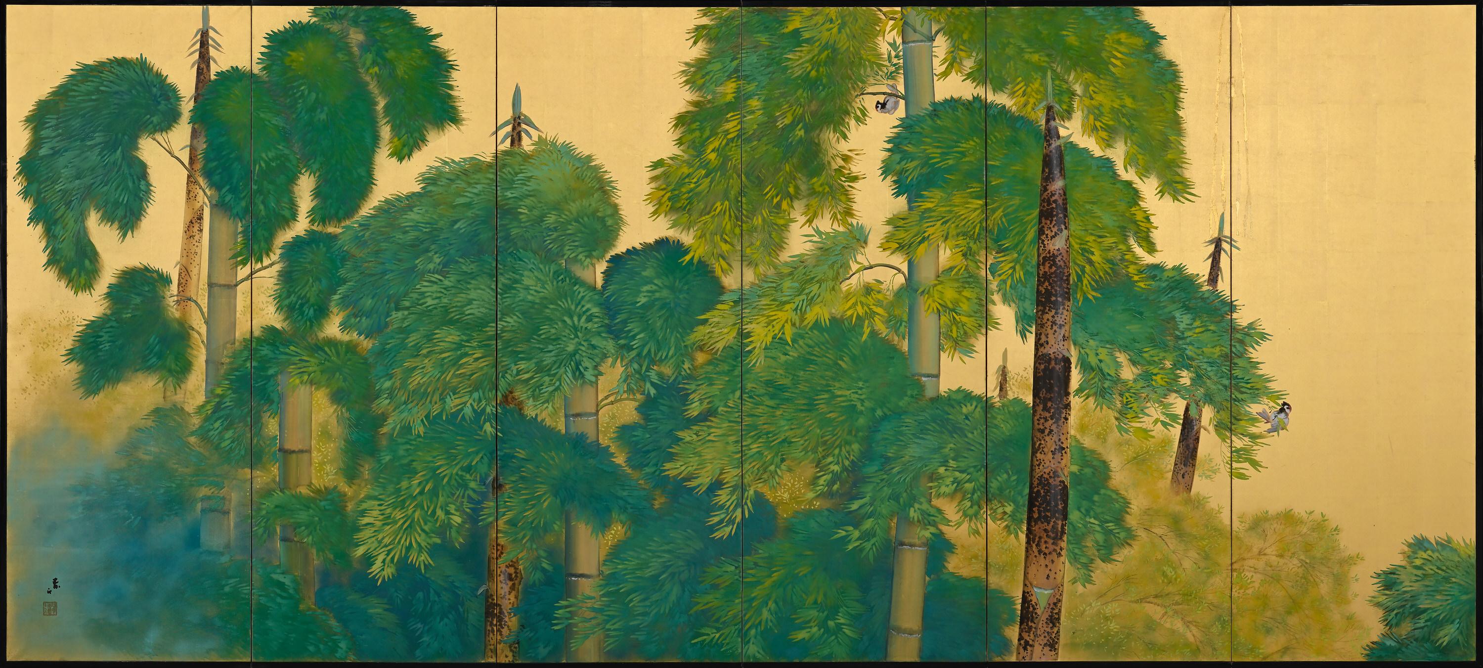 Taisho 1922 Japanese Screen Pair, Birds in Bamboo Forest by Yamamoto Shuntei
