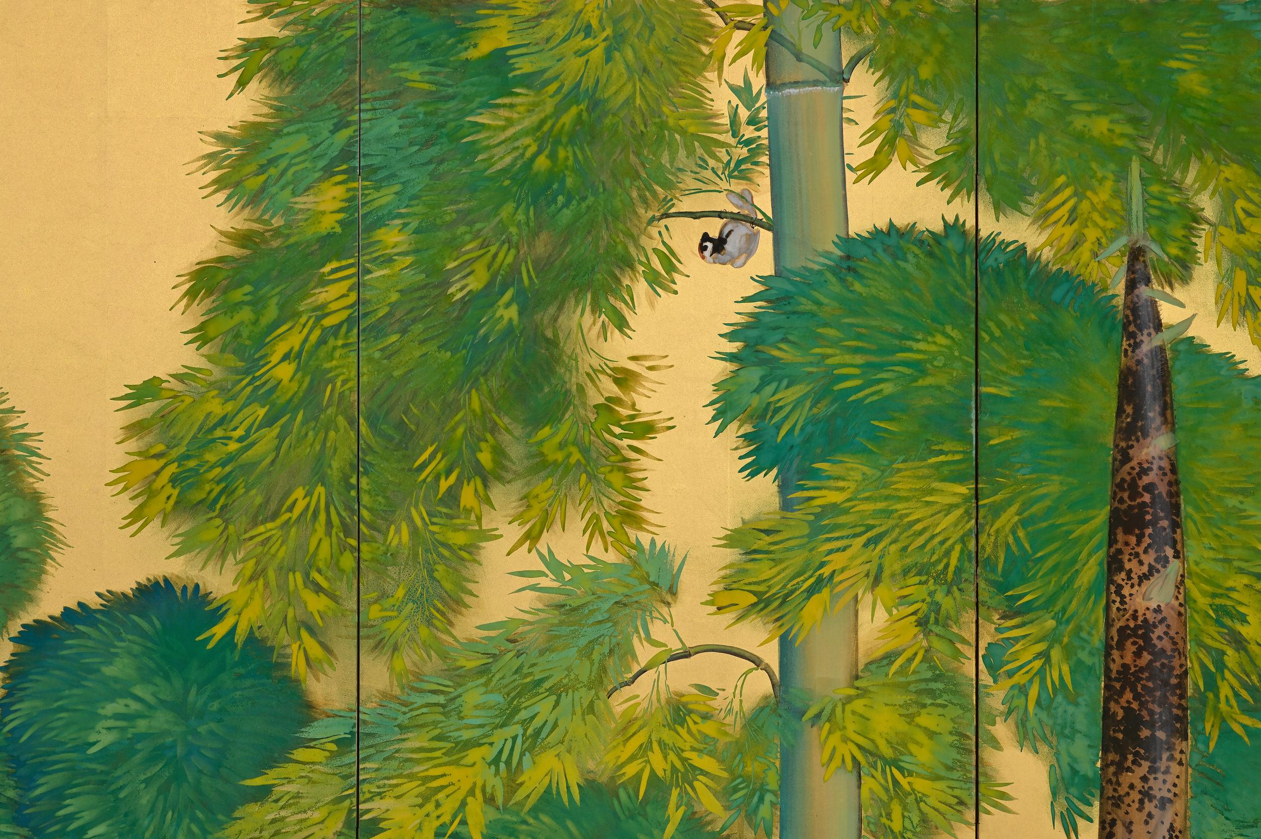 Hand-Painted 1922 Japanese Screen Pair, Birds in Bamboo Forest by Yamamoto Shuntei