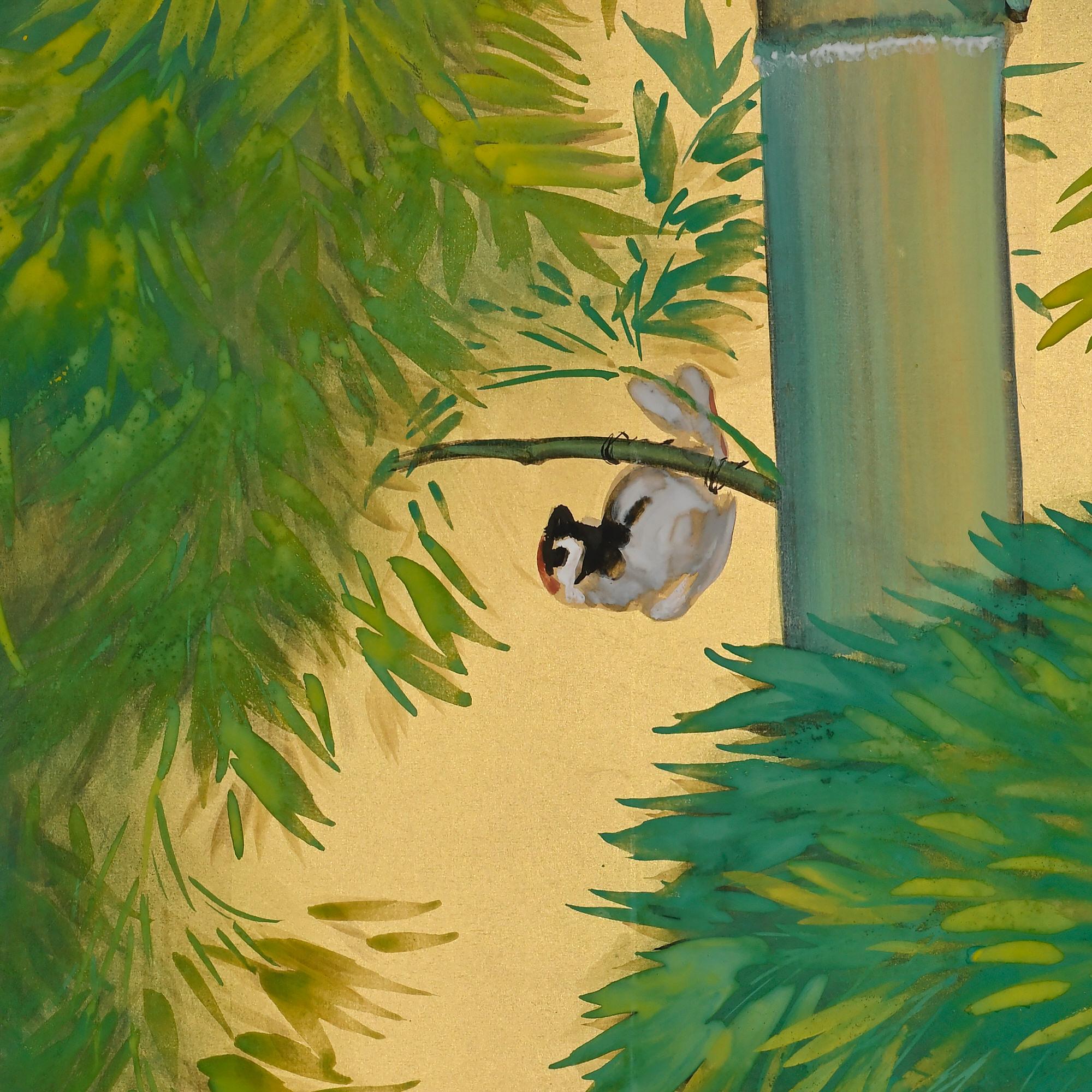 1922 Japanese Screen Pair, Birds in Bamboo Forest by Yamamoto Shuntei In Good Condition In Kyoto, JP