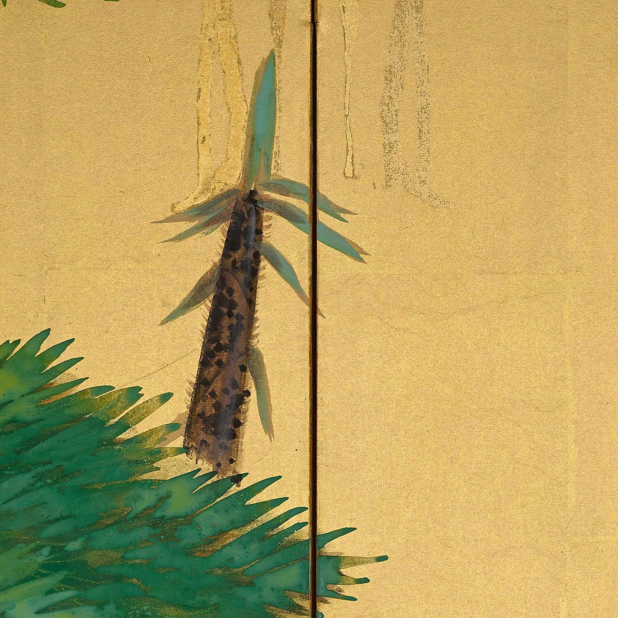 Gold Leaf 1922 Japanese Screen Pair, Birds in Bamboo Forest by Yamamoto Shuntei