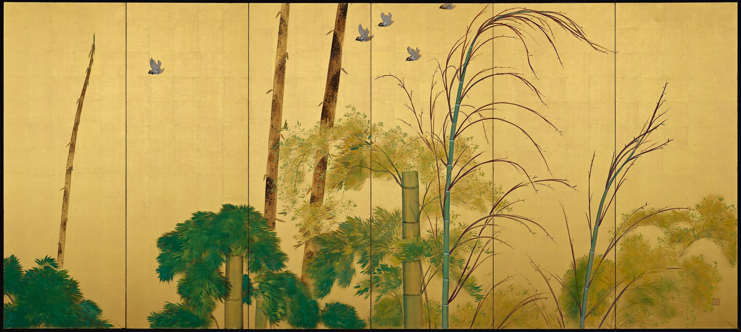 1922 Japanese Screen Pair, Birds in Bamboo Forest by Yamamoto Shuntei 2