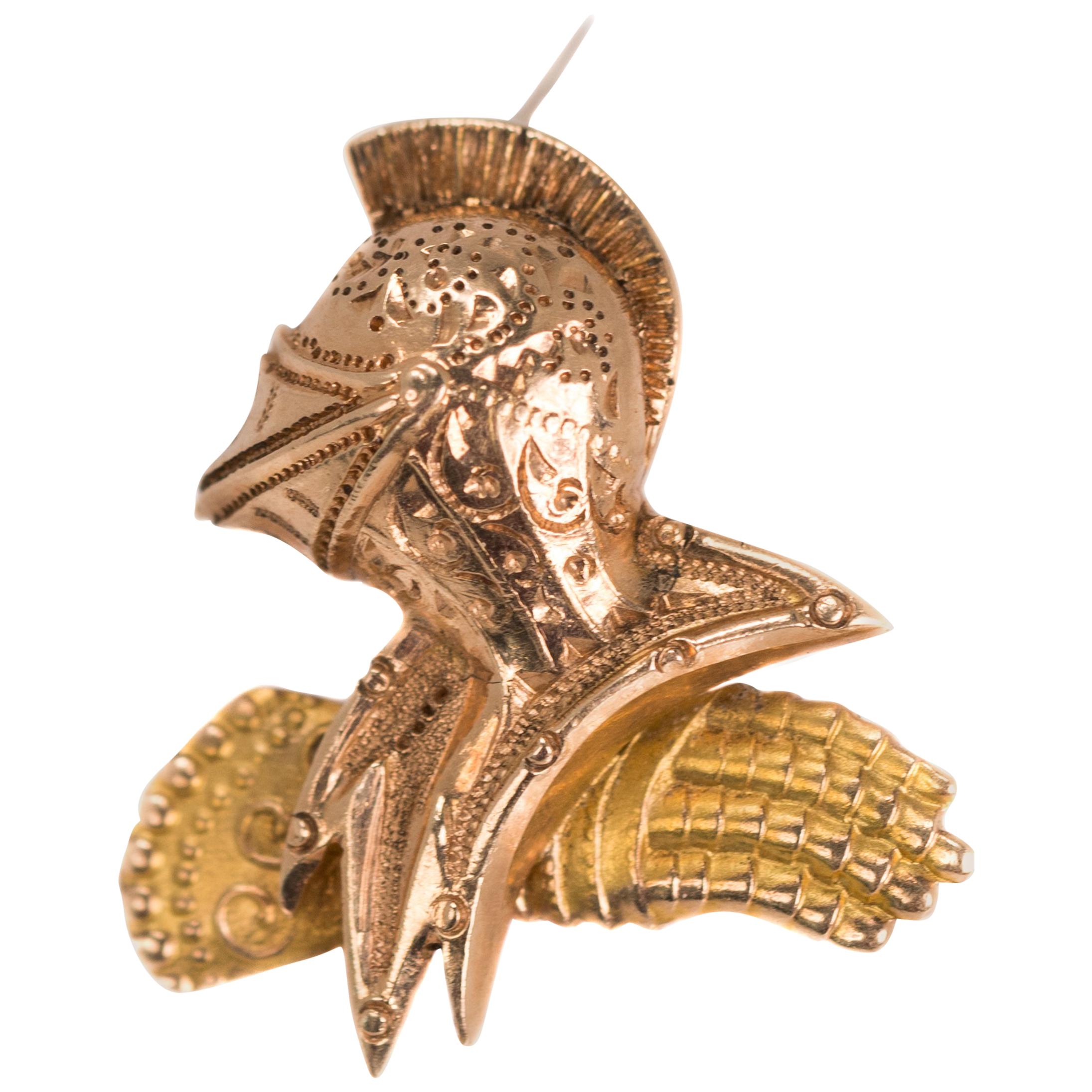 1922 Medieval Knight's Bust Pin in 14 Karat Yellow Gold and Rose Gold For Sale