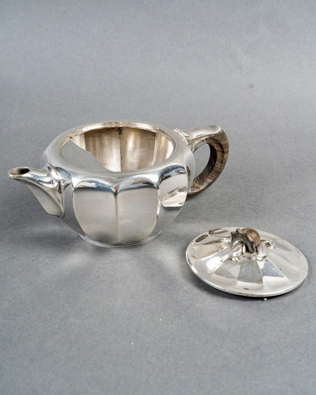 French 1922 Puiforcat Art Deco Art Nouveau Tea and Coffee Set Sterling Silver Rosewood For Sale