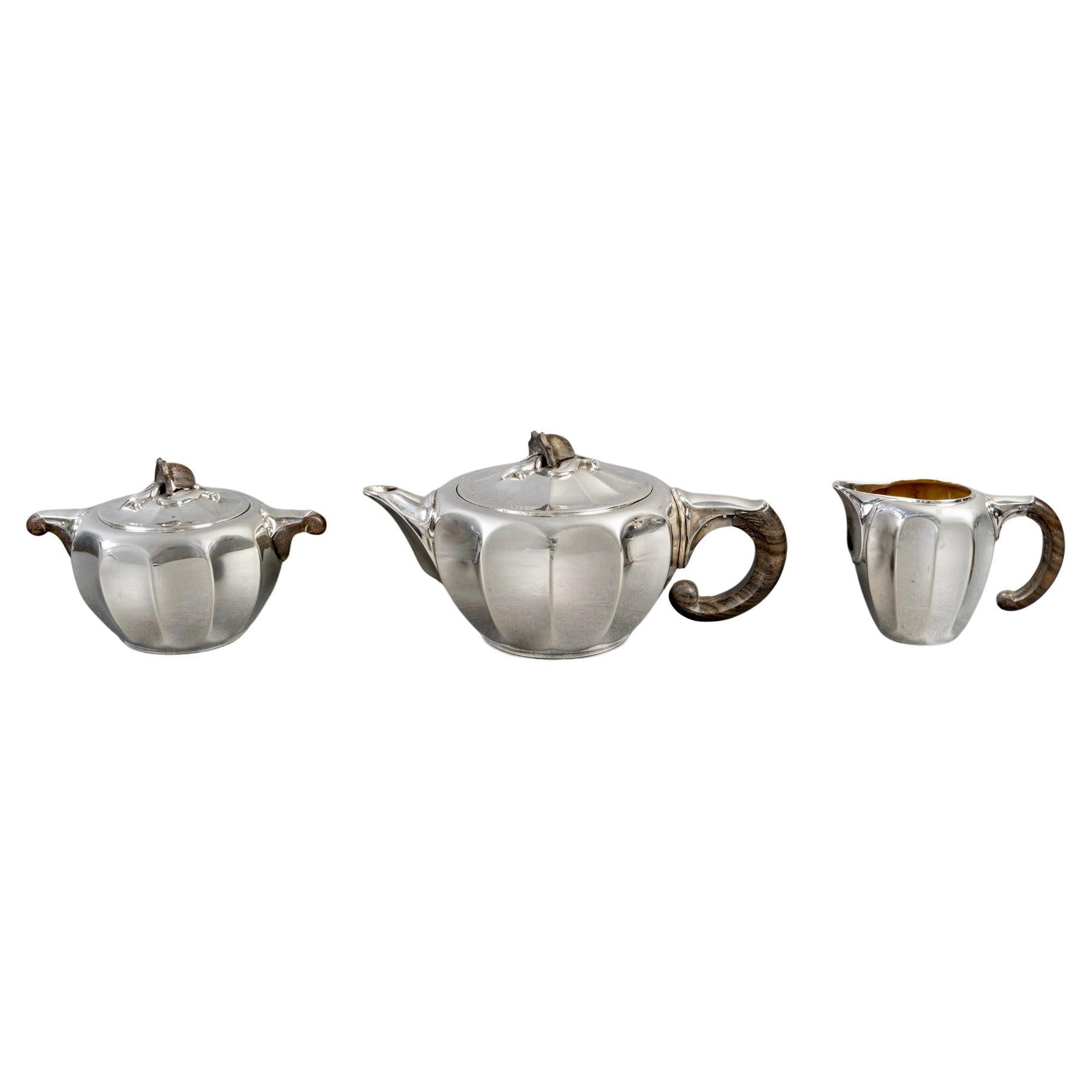 1922 Puiforcat Art Deco Art Nouveau Tea and Coffee Set Sterling Silver Rosewood For Sale