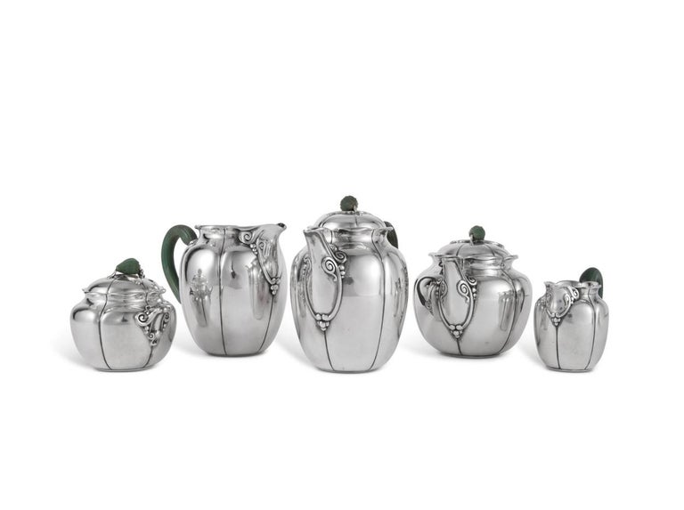 French 1922 Puiforcat Art Nouveau Tea and Coffee Service in Sterling Silver & Nephrite For Sale