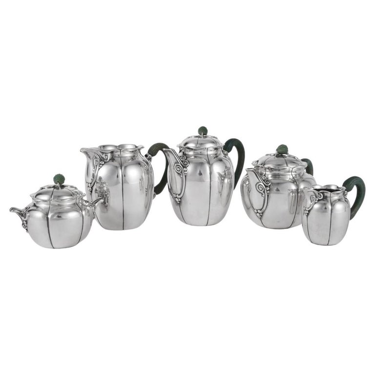 1922 Puiforcat Art Nouveau Tea and Coffee Service in Sterling Silver & Nephrite For Sale