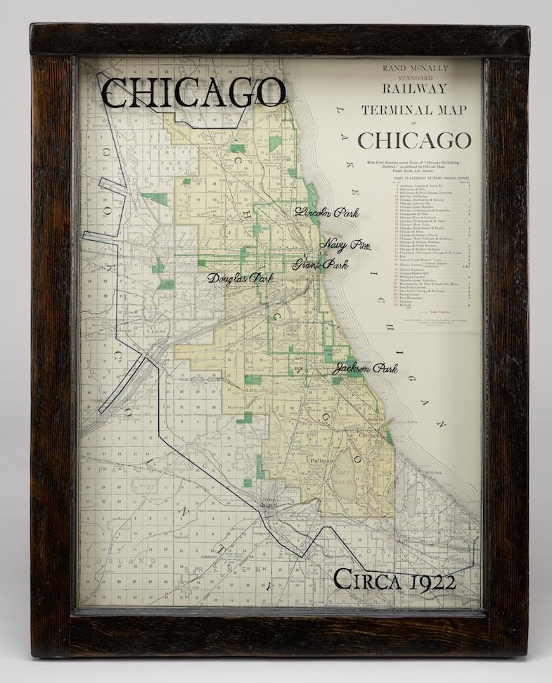 Presented is an original Rand McNally railway map of the city of Chicago. The map was produced in 1922 as a standard railway terminal map of the city. Blue lines on the map denote outer zones of the 