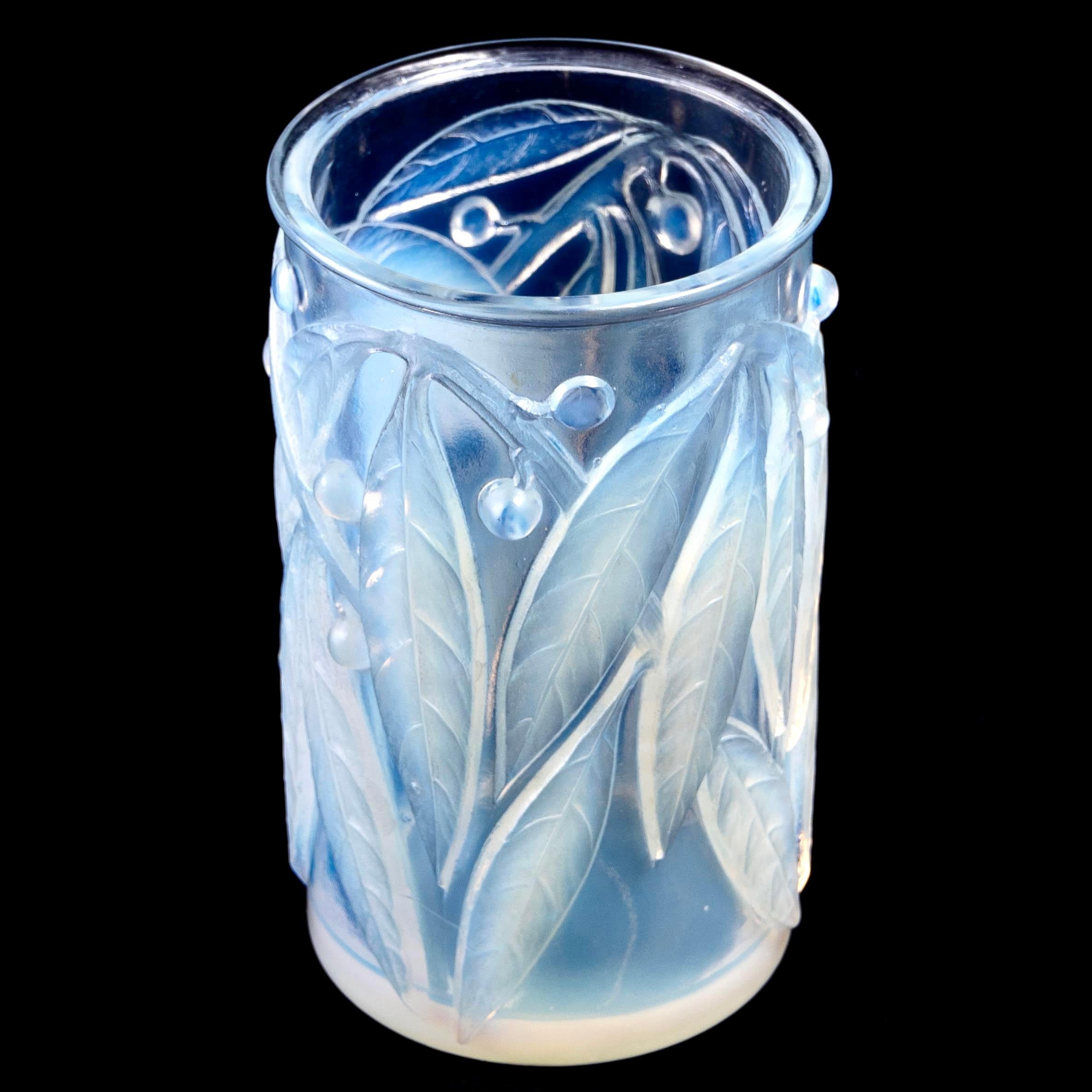 Molded 1922 René Lalique Laurier Vase in Deep Milky Opalescent Glass