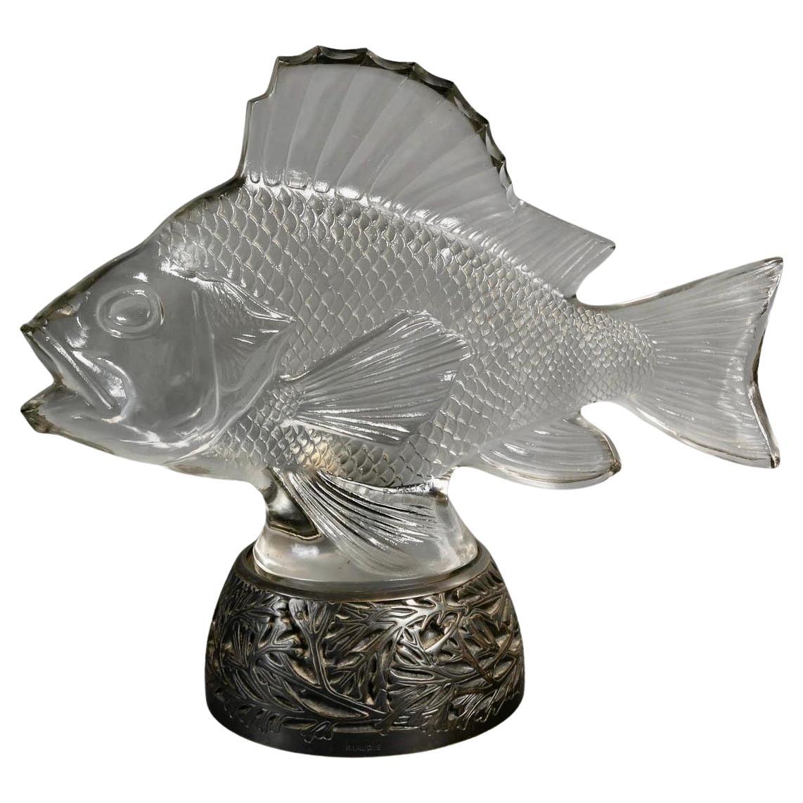 1922 Rene Lalique - Sculpture Gros Poissons Algues Fishes Glass Bronze Base For Sale