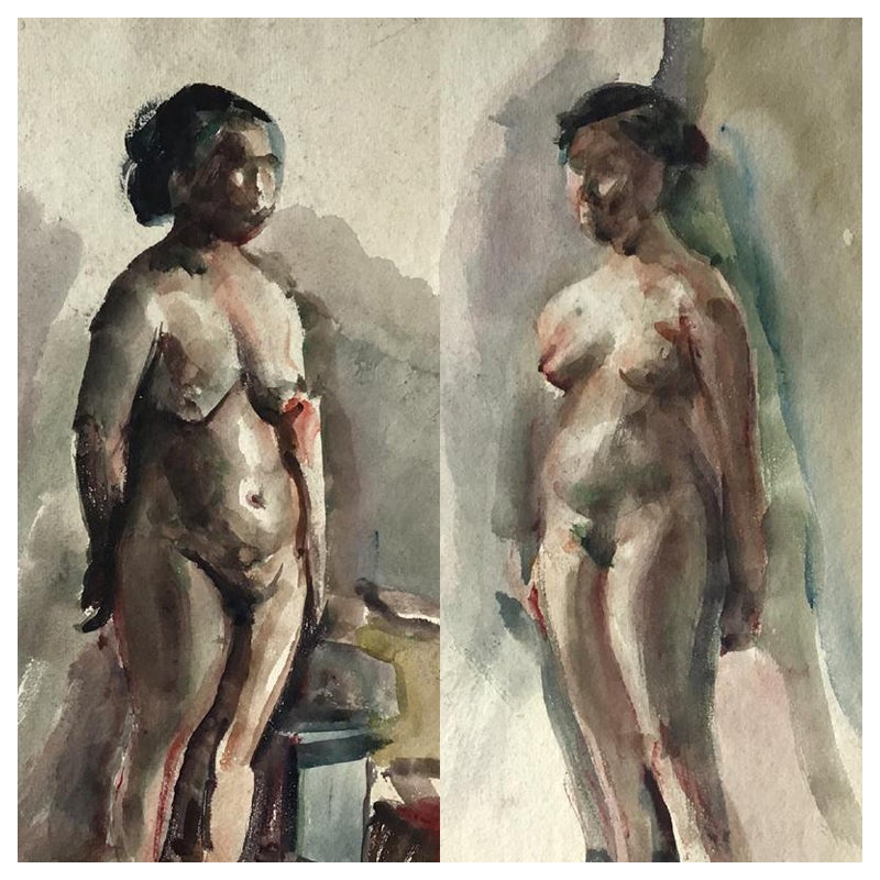 1922 Deux nus japonais Dessin aquarelle ancien de Shigeru Tsukamoto en vente