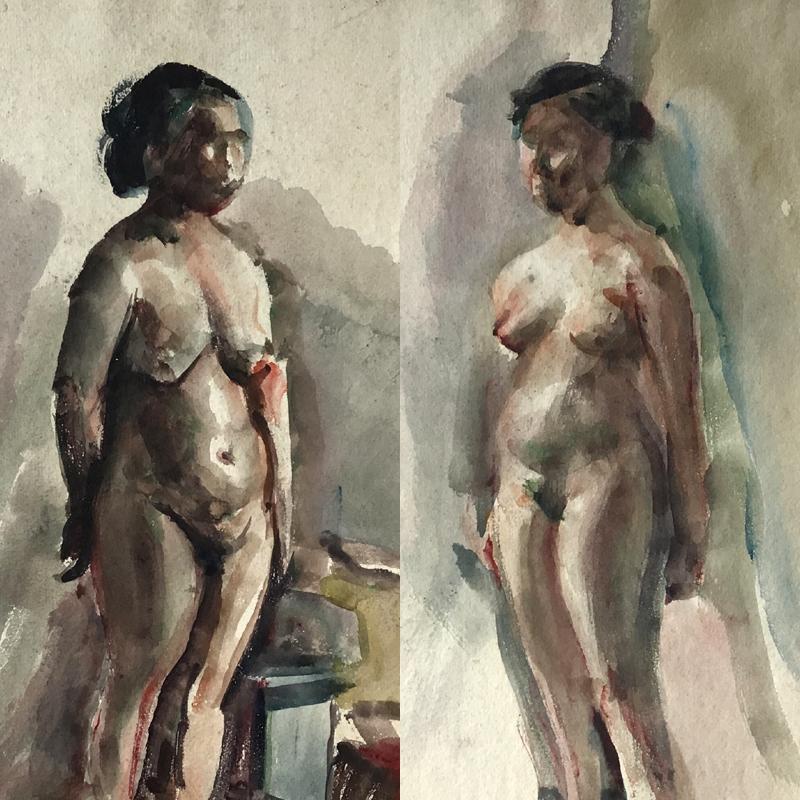 1922 Zwei Akte Japanisch Antike Aquarellzeichnung von Shigeru Tsukamoto im Angebot