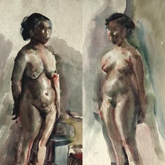 1922 Deux nus japonais Dessin aquarelle ancien de Shigeru Tsukamoto