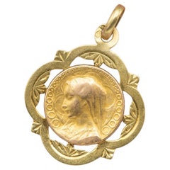 1922 Virgin Mary, Floral French Antique solid 18 karat gold religious pendant