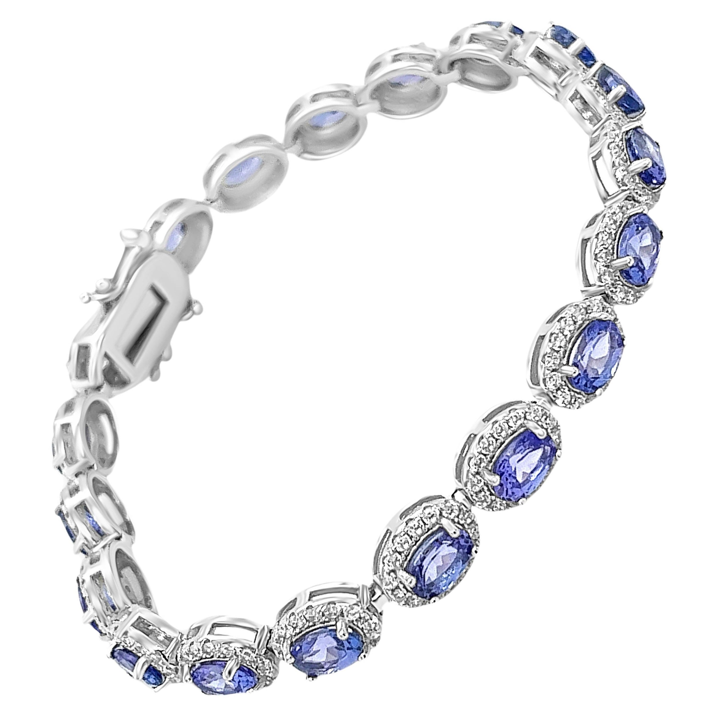19.23 Carats Tanzanite Tennis Bracelet Oval Cut Sterling Silver Bridal Jewelry