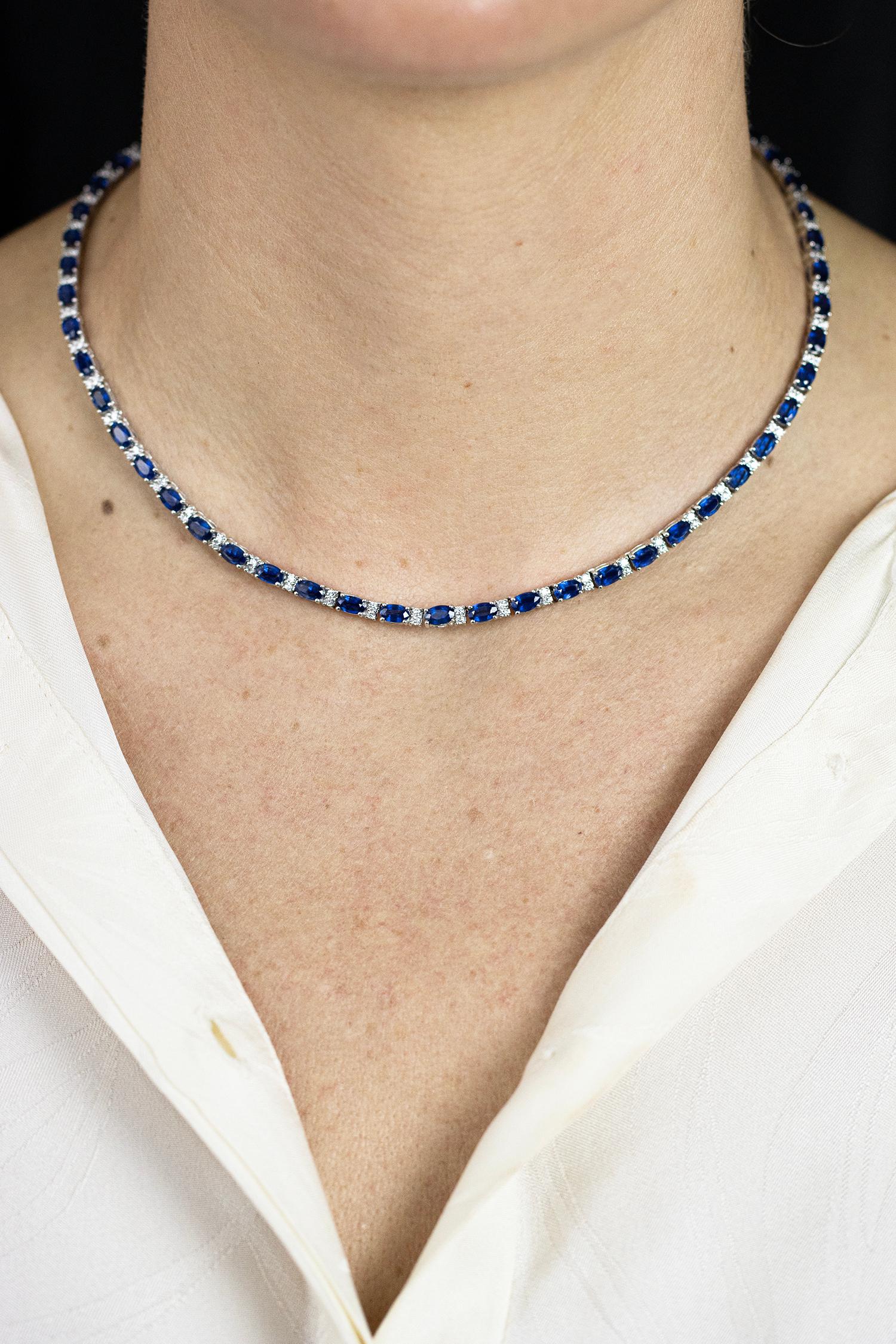 Contemporary Roman Malakov 19.23 Carats Total Oval Cut Sapphire & Diamond Tennis Necklace For Sale