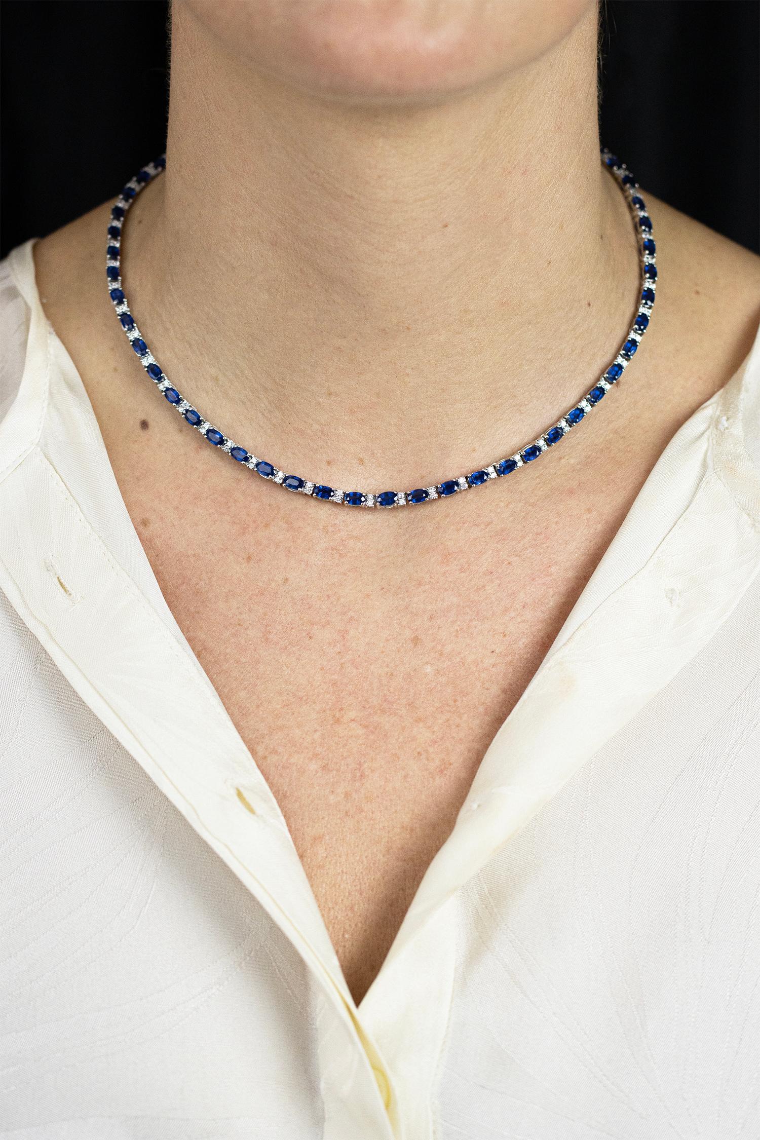 Roman Malakov 19.23 Carats Total Oval Cut Sapphire & Diamond Tennis Necklace In New Condition For Sale In New York, NY