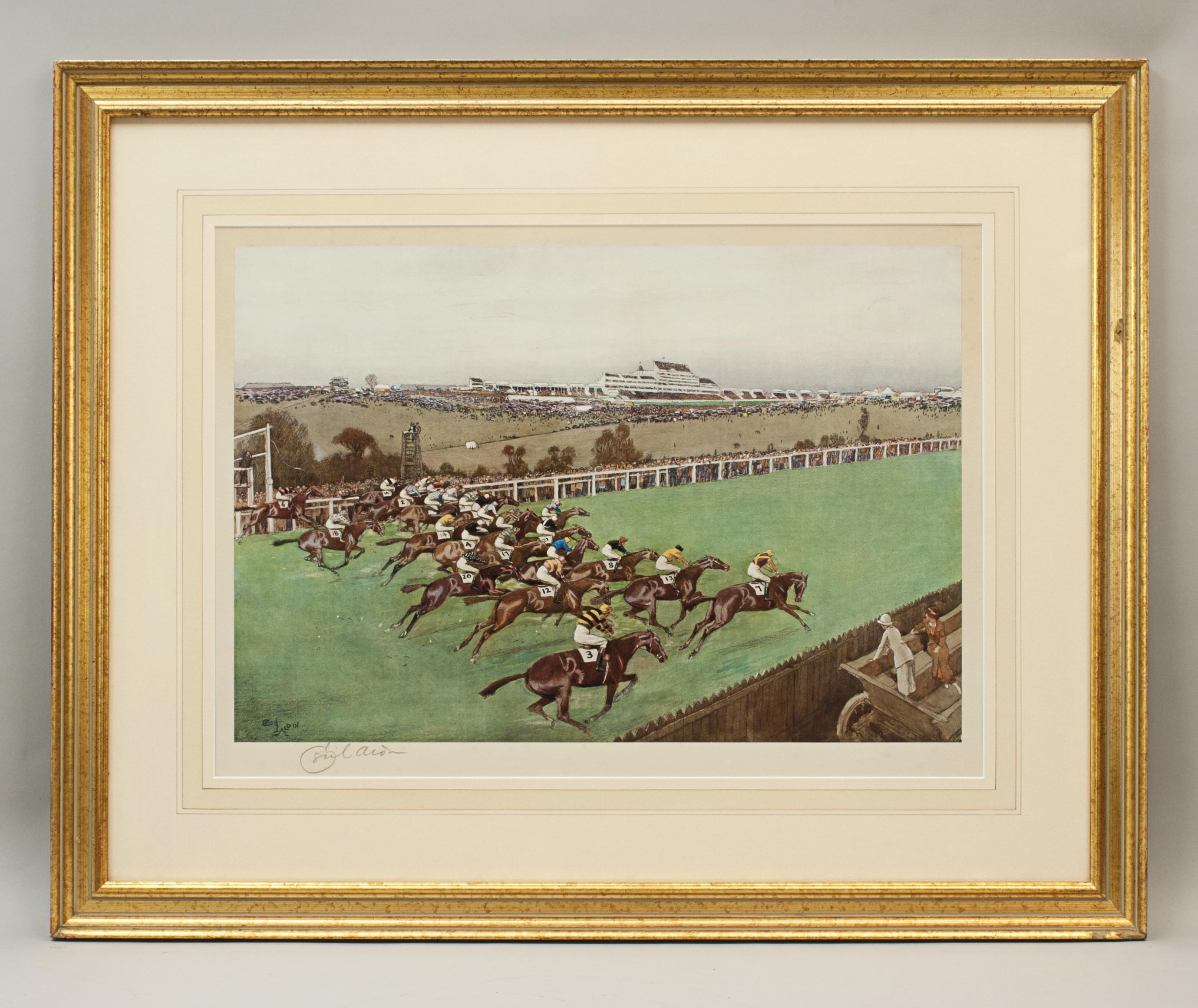 Pair of Cecil Aldin horse racing prints start and finish.
A pair of horse racing photolithographs by Cecil Aldin 