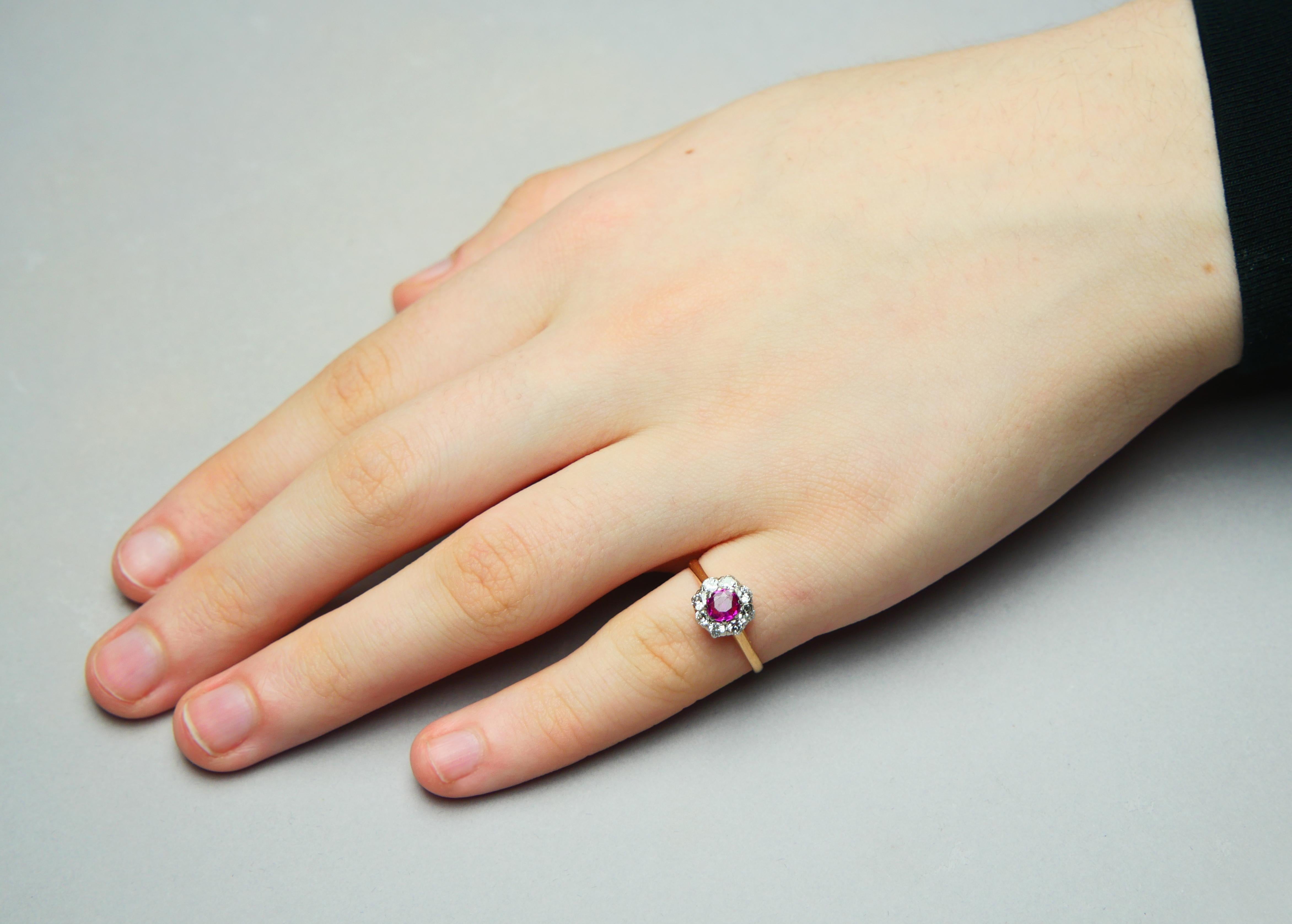 1923 Halo Ring natural 0.6ct Ruby 0.45ct Diamonds 18K Gold Platinum ØUS5.5 /2gr For Sale 6