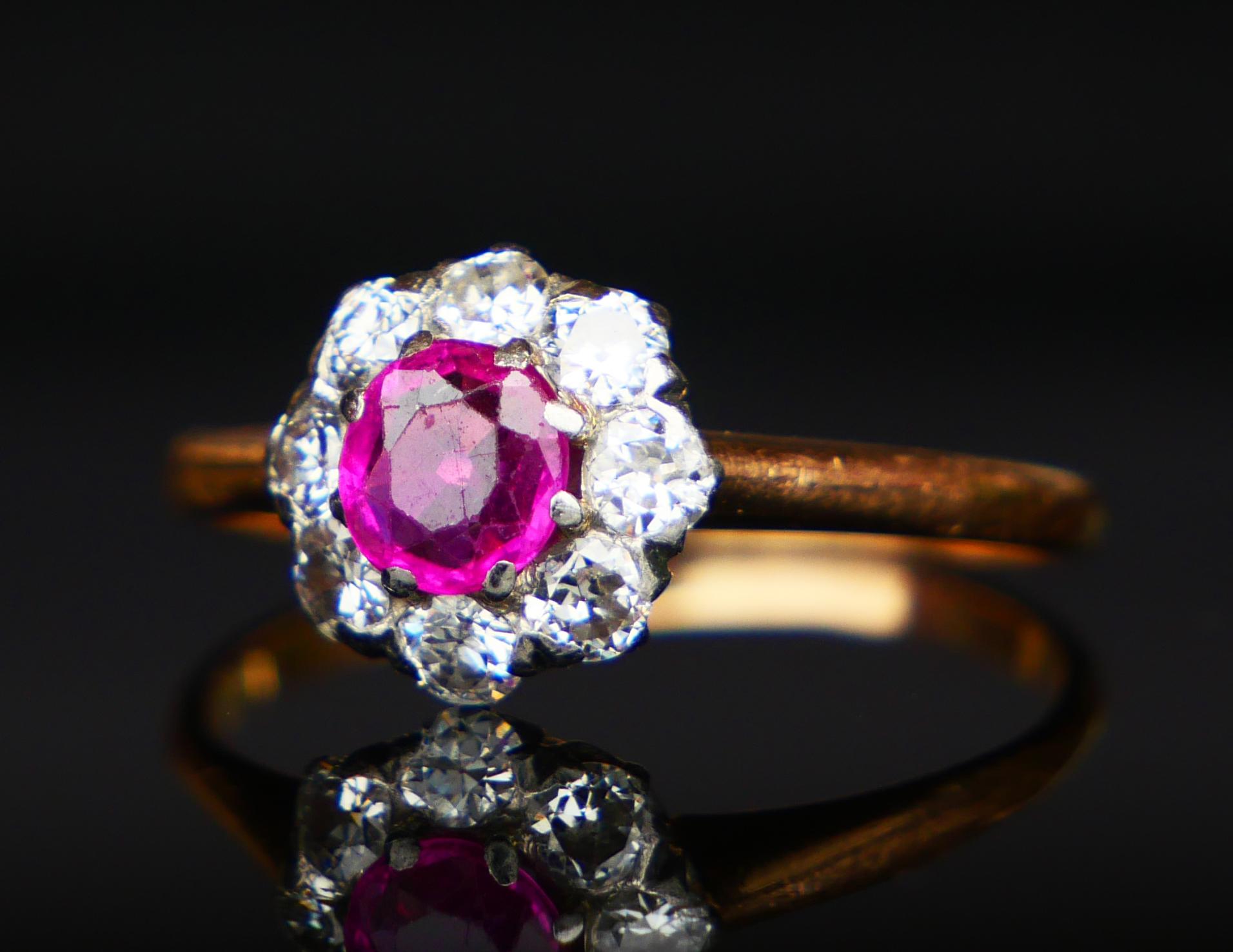 1923 Halo Ring natural 0.6ct Ruby 0.45ct Diamonds 18K Gold Platinum ØUS5.5 /2gr For Sale 8