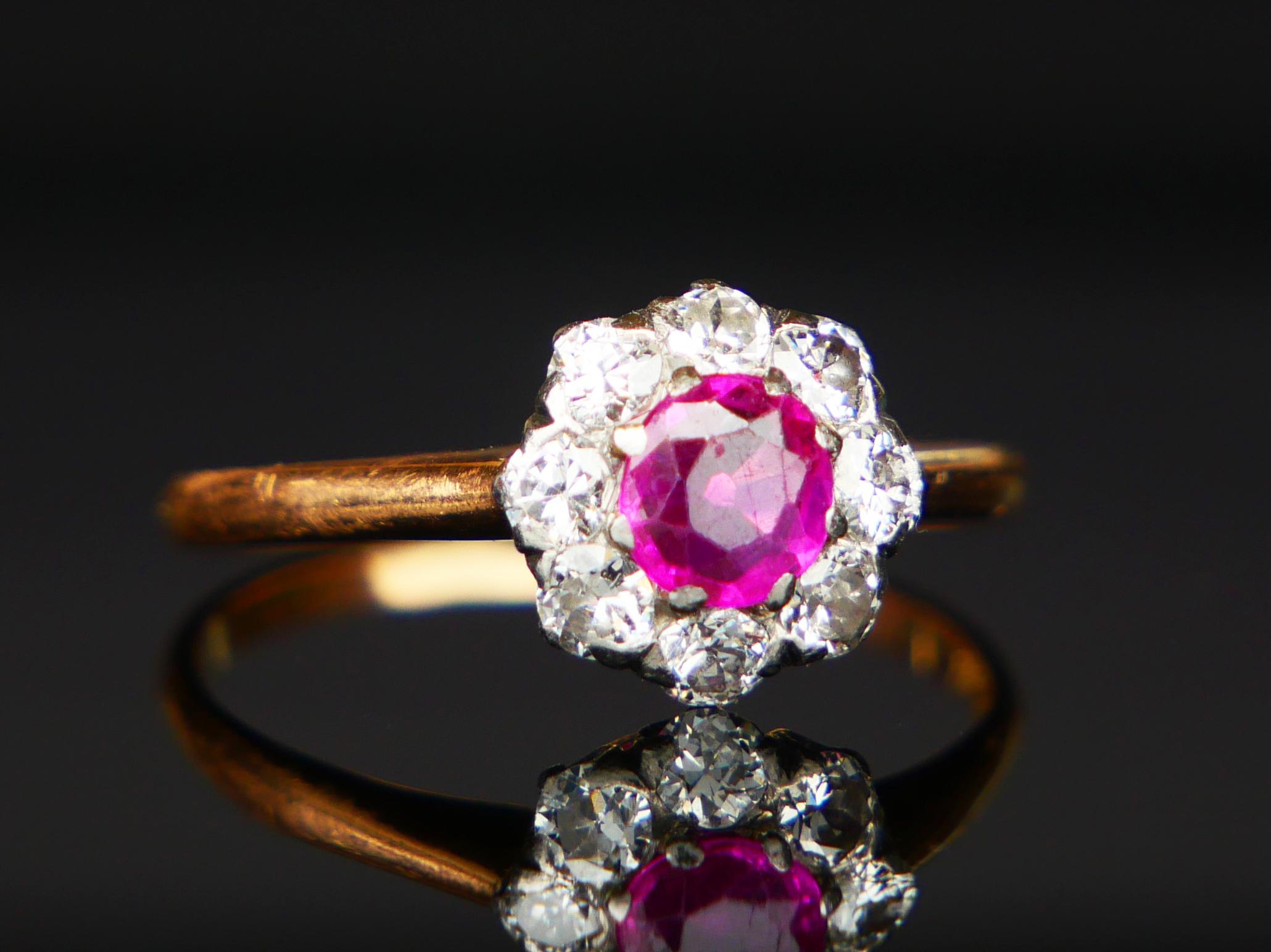 1923 Halo Ring natural 0.6ct Ruby 0.45ct Diamonds 18K Gold Platinum ØUS5.5 /2gr For Sale 9