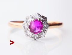 1923 Halo Ring natural 0.6ct Ruby 0.45ct Diamonds 18K Gold Platinum ØUS5.5 /2gr