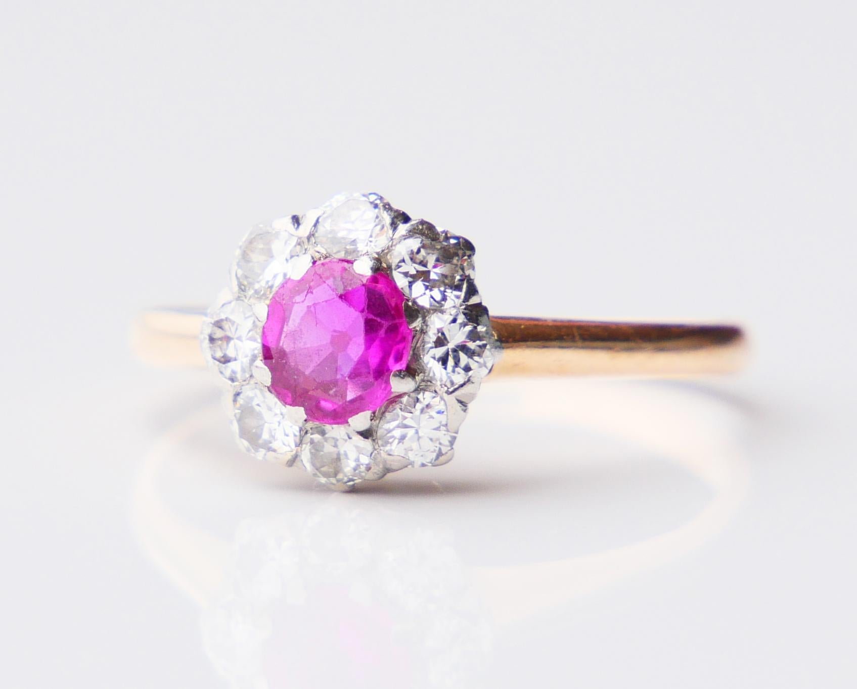 Art Deco 1923 Halo Ring natural 0.6ct Ruby 0.45ct Diamonds 18K Gold Platinum ØUS5.5 /2gr For Sale