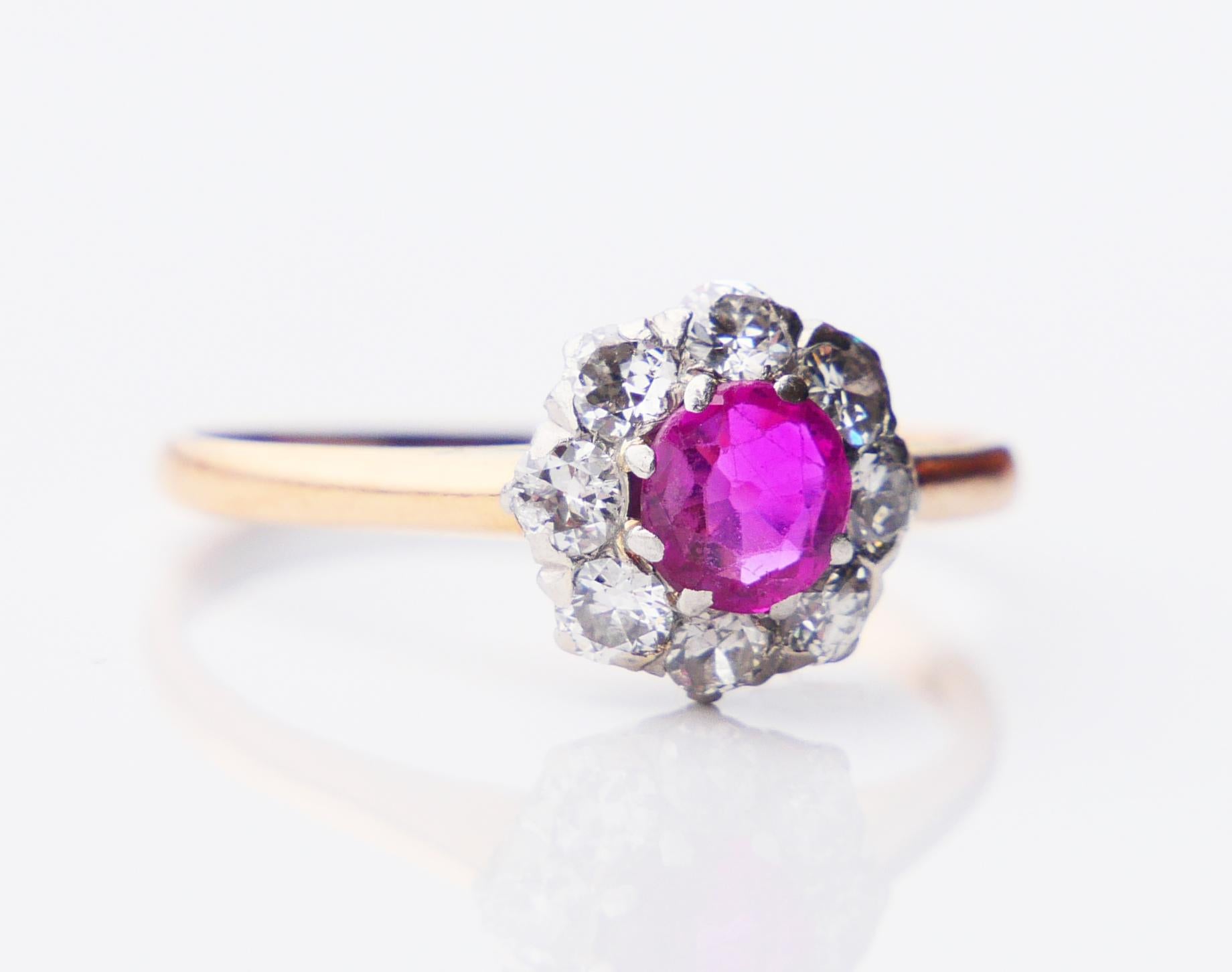 Old European Cut 1923 Halo Ring natural 0.6ct Ruby 0.45ct Diamonds 18K Gold Platinum ØUS5.5 /2gr For Sale