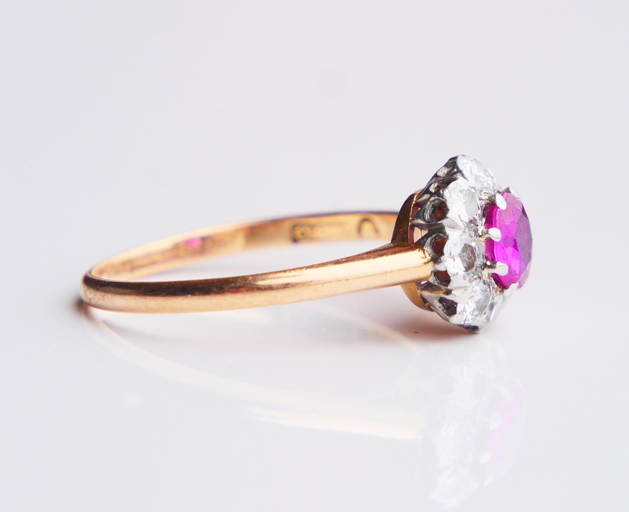 1923 Halo Ring natural 0.6ct Ruby 0.45ct Diamonds 18K Gold Platinum ØUS5.5 /2gr For Sale 1