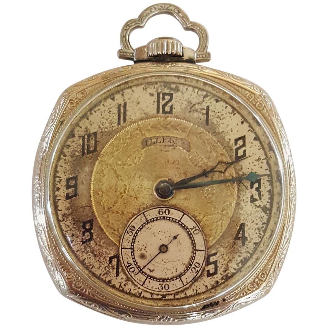 1923 Illinois Pocket Watch, Banker, 14 Karat White Gold Filled, Working, 17