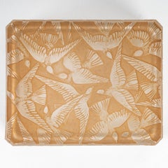 1923 René Lalique Box Jar Hirondelles Glass with Sepia Patina, Swallows Birds