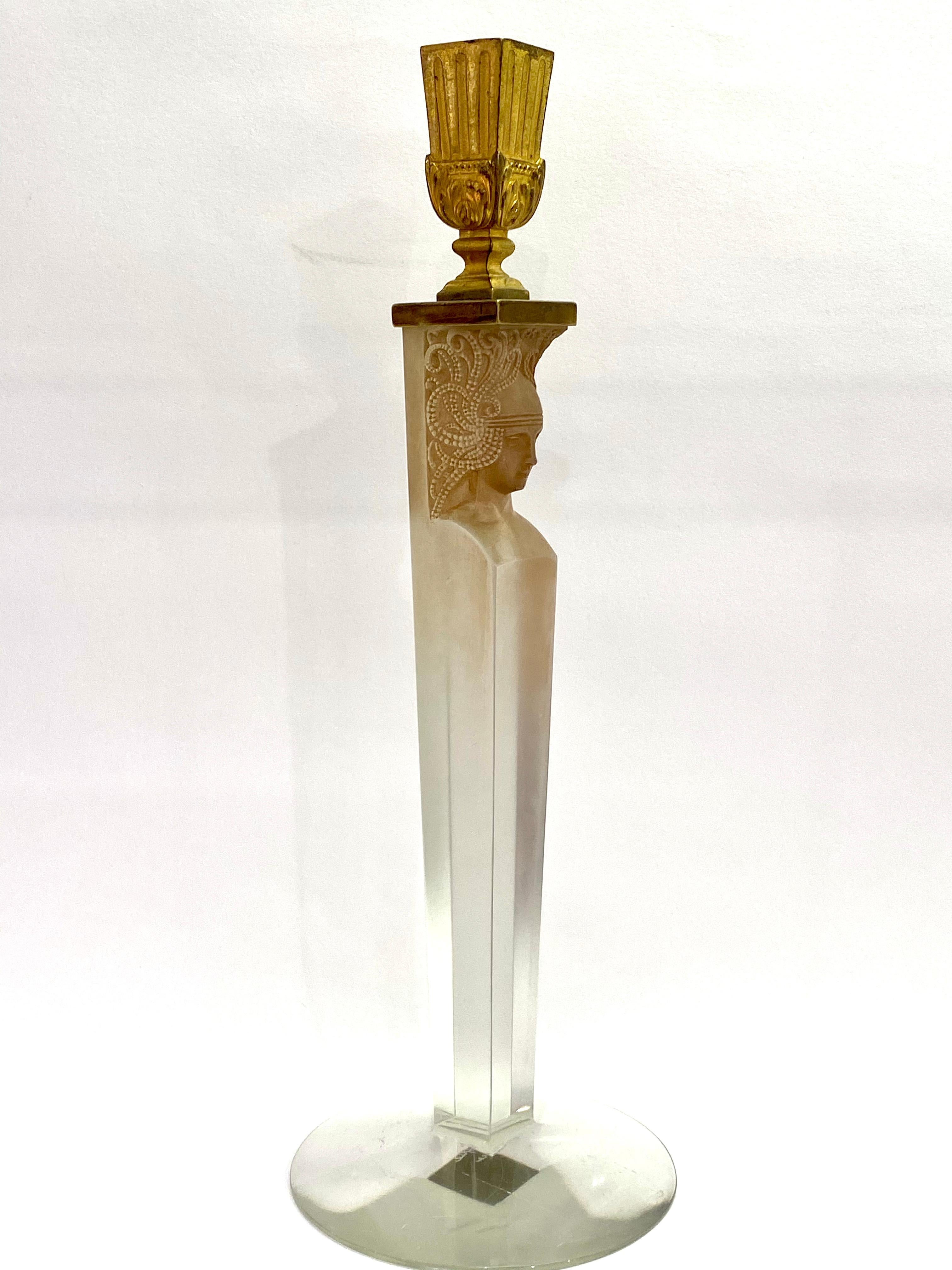 Art Deco 1923 Rene Lalique Cariatide Glass and Sepia Candleholder Candlestick R.Lalique