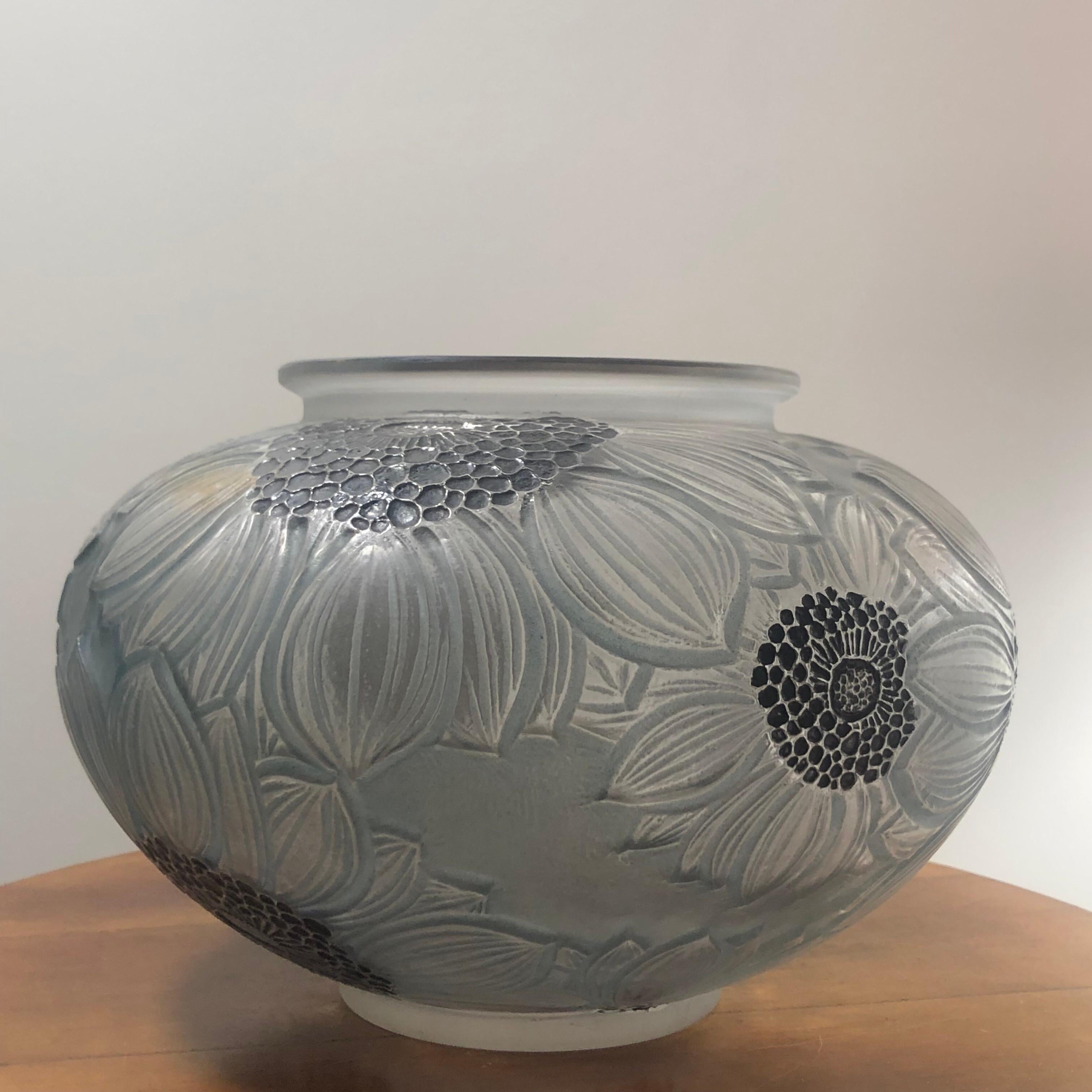 Art Deco 1923 René Lalique Dahlias Vase in Frosted, Black Enamel and Blue Stained Glass